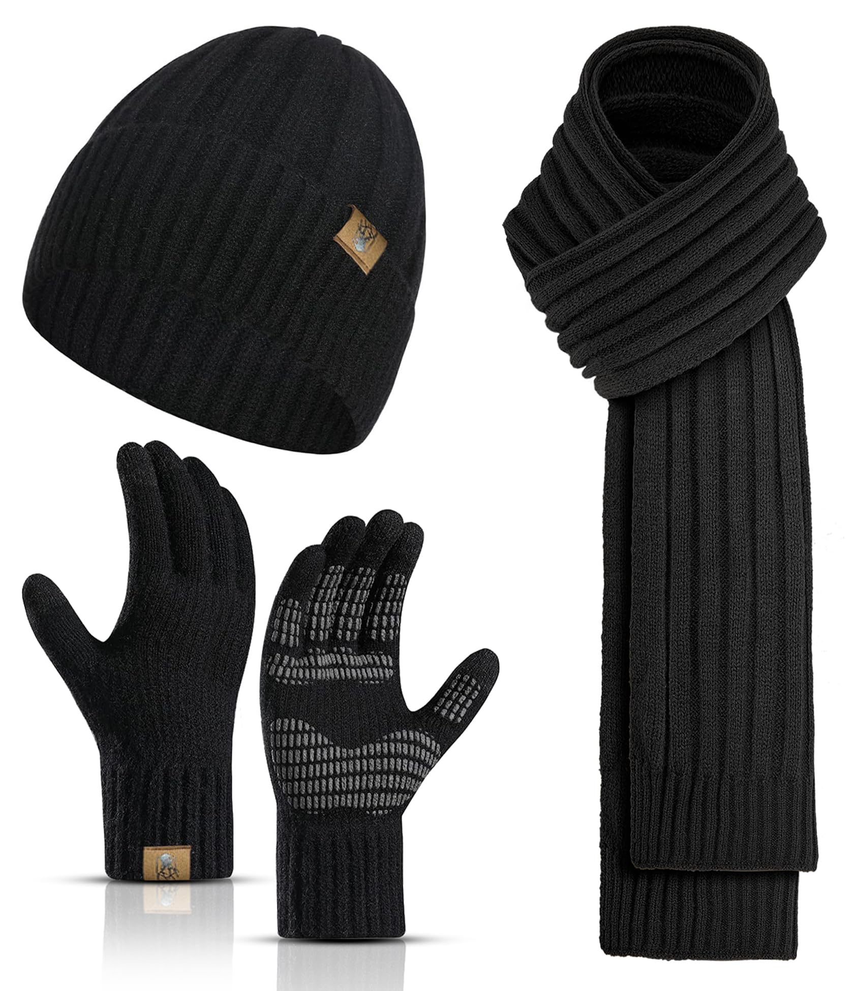 3pcs Set Winter Beanie Hats Touchscreen Gloves Neck Warmer Scarf Set for Men with Knit Skull Caps in