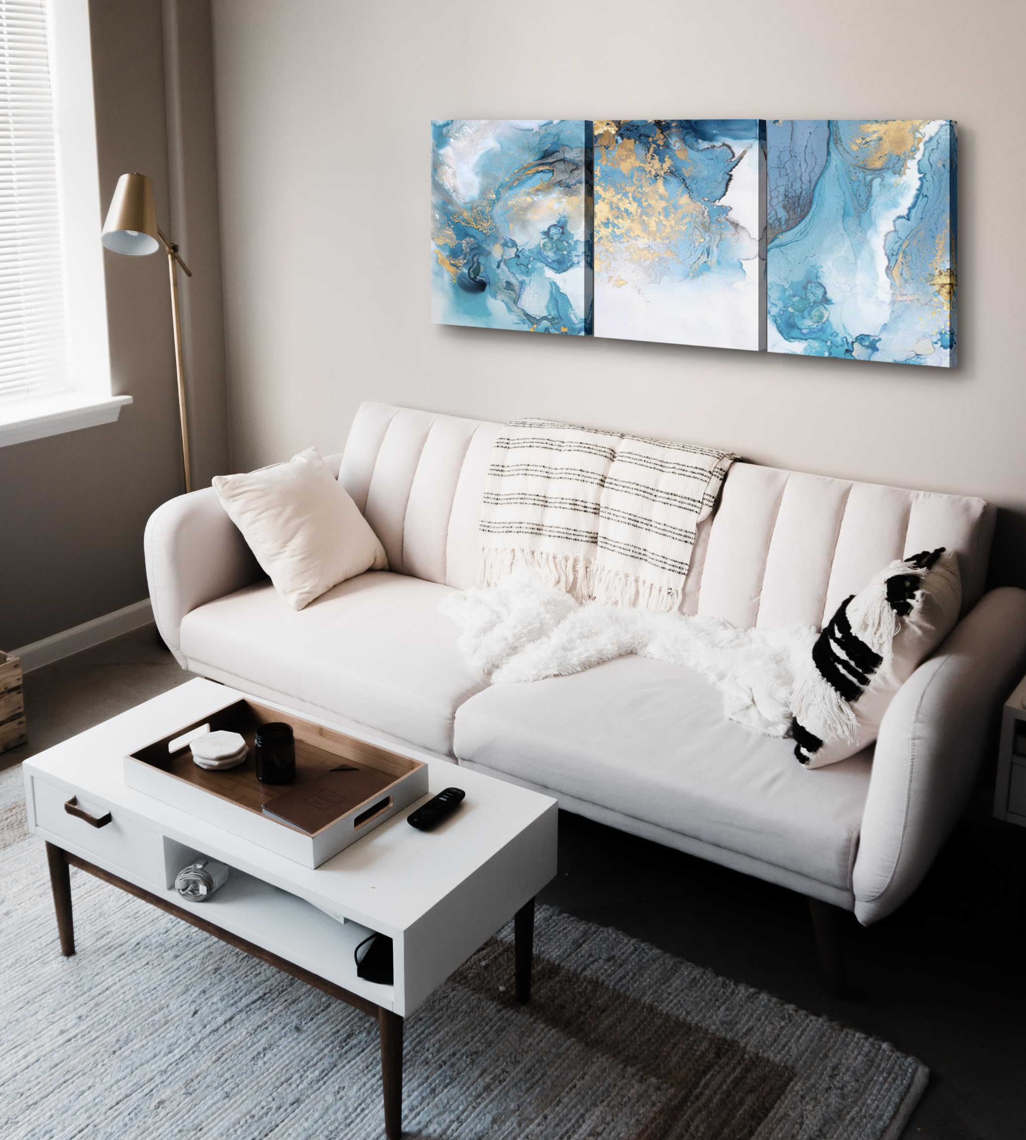 Mingdian Art Quadro Astratto 3 Pezzi Su Tela, 61x142 Cm, Blu, Oro E Verde, Decorazione Moderna Per Soggiorno E Camera Da Letto