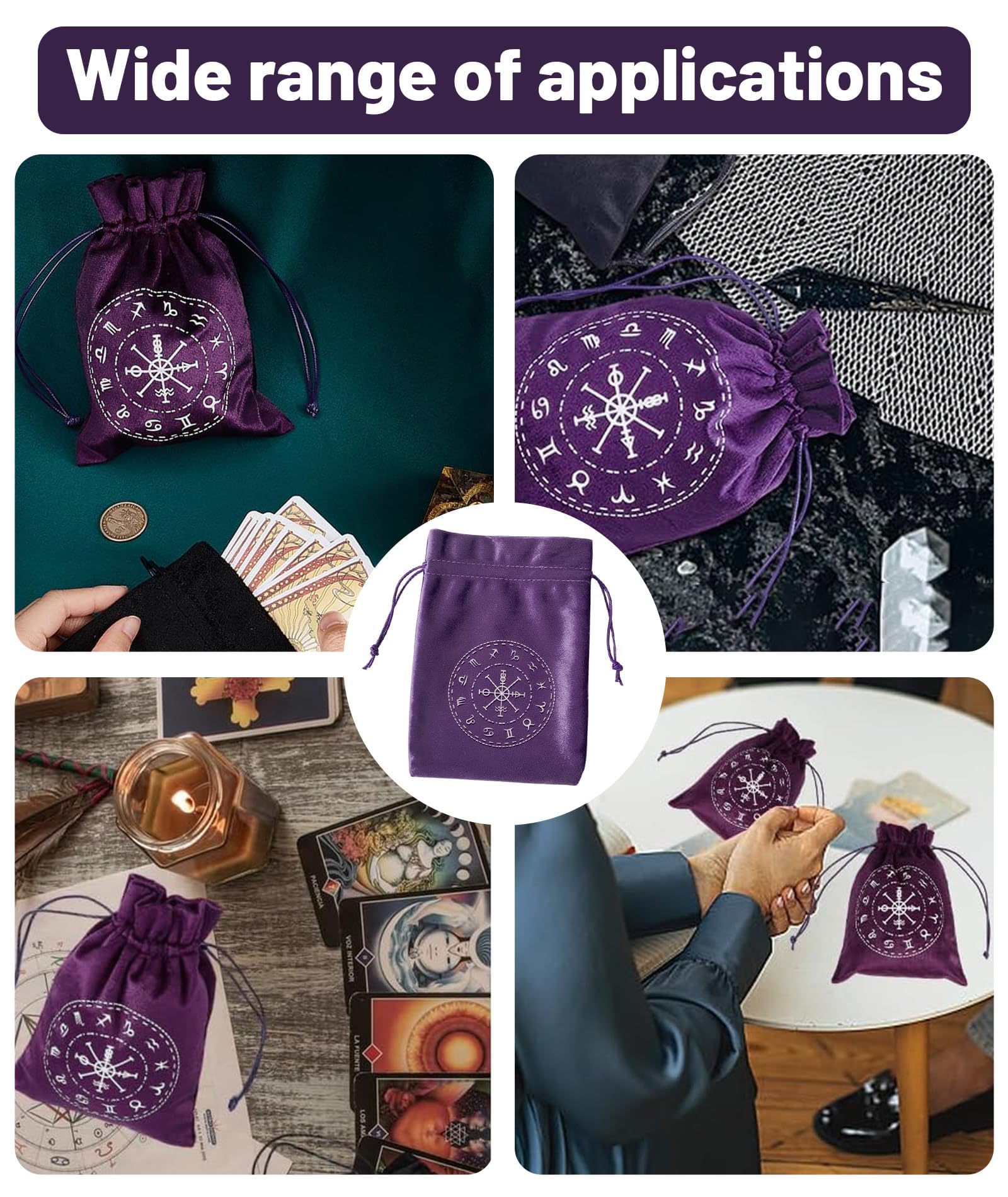 Buildcon Dice Bag for Tarot Deck Storage, Velvet Tarot Accessories, Black and Purple Tarot Card Pouch with Drawstring, (13 * 18cm/5.11 * 7.08in) Gift Bag for Tarot Accessories 4