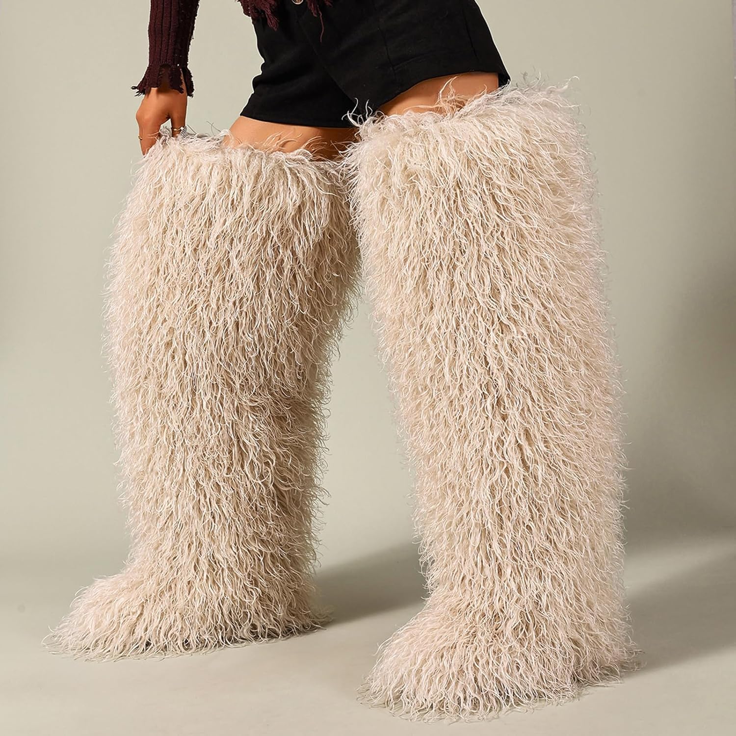 Women's fur knee-high boots, Y2K over-the-knee fur boots, fluffy flat fur boots, height 28in