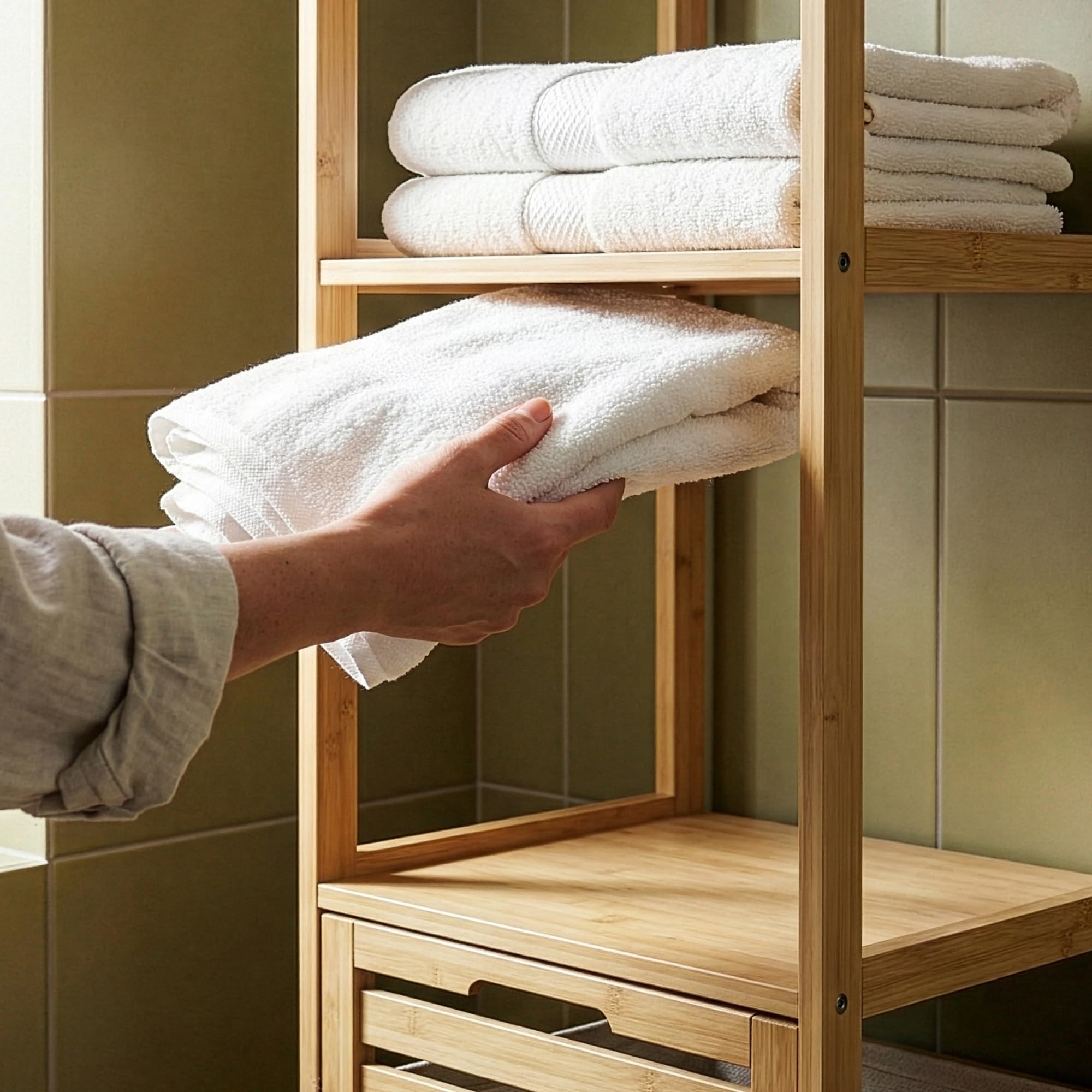 [en.casa] Mueble de Baño Anun Estantería con Cesto para Ropa Sucio Mueble Auxiliar Armario Midi para Cuarto de Baño Dormitorio Bambú 130 x 36 x 33 cm - Natural/Beige