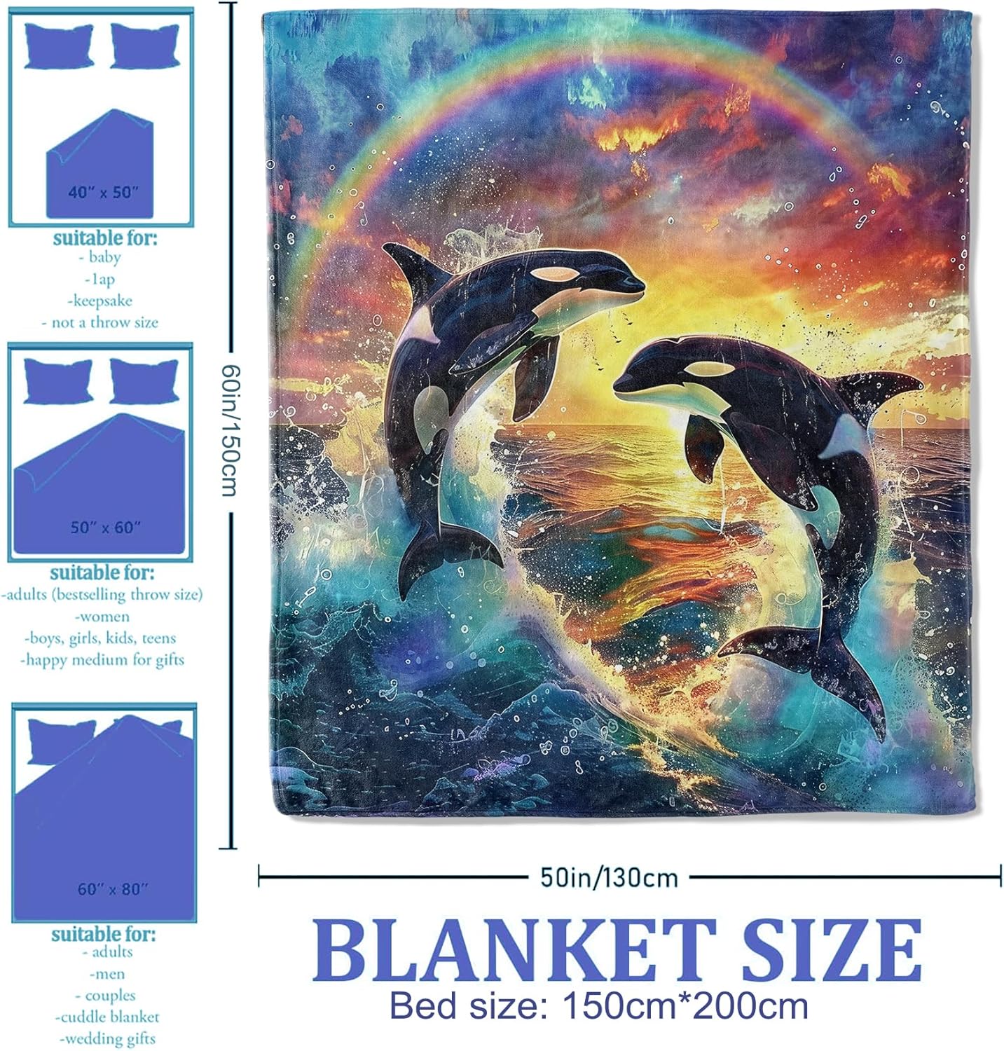 Orca Whale Ocean Rainbow Throw Blanket for Women Girls Boys, Soft Flannel Blankets Gifts for Living Room Couch, Home, Sofa Decor, 50"x60" - Image 2