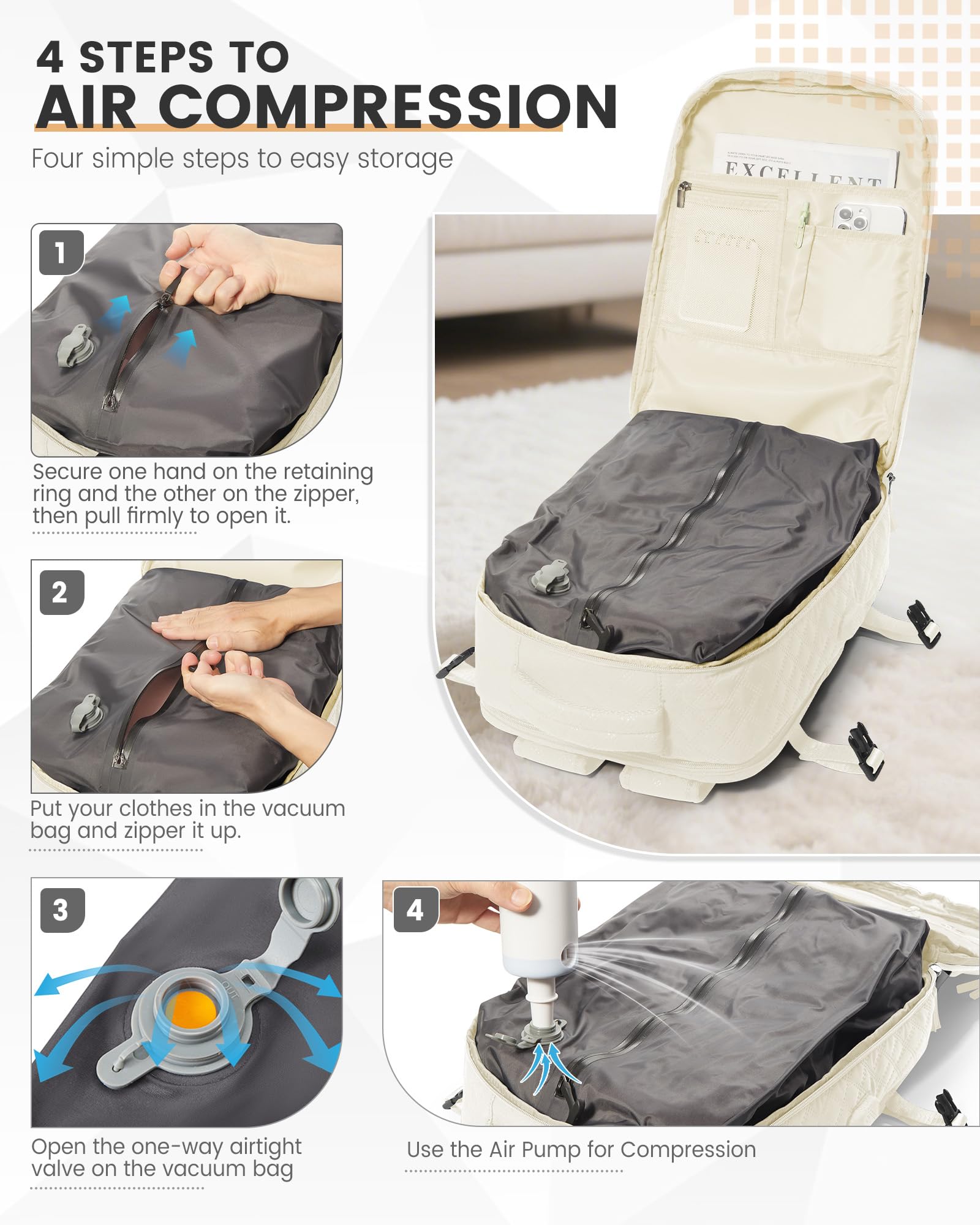 Borsa da Cabina per Ryanair 40x30x20 Zaino Sottovuoto da Viaggio con Pompa 40x20x25 Aereo Bagaglio a Mano Impermeabile Lavoro e Scuola Trekking Casual Daypack per 14" laptop,J5-Beige