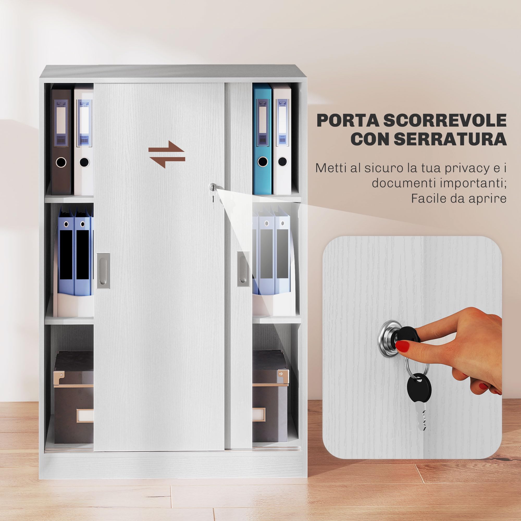 Vinsetto Armadietto da Ufficio a 3 Ripiani con 2 Chiavi di Sicurezza, Mobiletto da Ufficio in Truciolato, 80x40x120 cm, Bianco