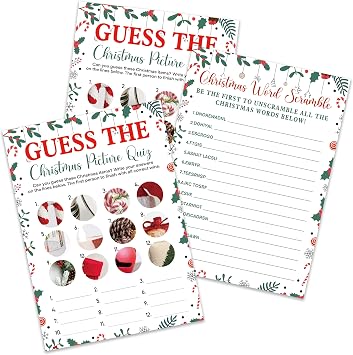 Picture Quiz and Holiday Word Scramble, Christmas Party Games, Christmas Trivia Game, Festive Trivia and Guessing Game for Family, Office, Classroom, 30 Double-Sided Cards and 1 Answer Cards-2