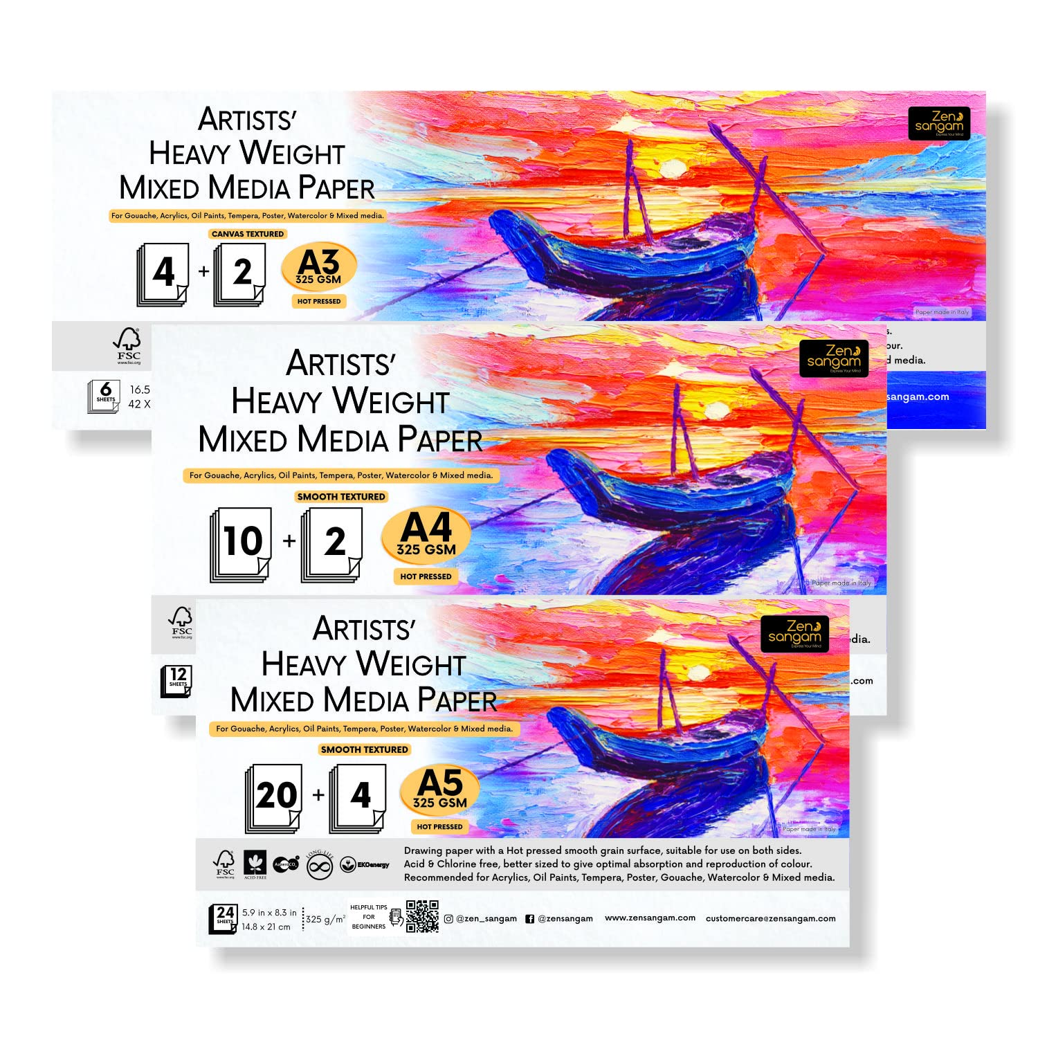 Zen Sangam Artists’ Heavy Weight Mixed Media Papers - 325GSM - Hot Pressed - Smooth Texture Surface - for Heavy-Body Paints, Calligraphy (A3-6 Sheets, A4-12 Sheets, A5-24 Sheets) (B09WB1313N) Amazon Price History, Amazon Price Tracker