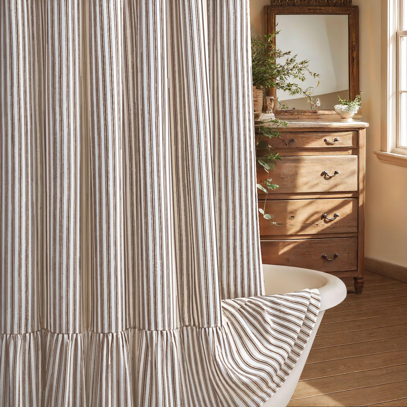 XOGUIBO Farmhouse Shower Curtain with Ruffle Hem Linen Shower Curtains for Bathroom Country Vintage Rustic Natural Fabric, Cream-Brown Stripe 72" W x 96" L