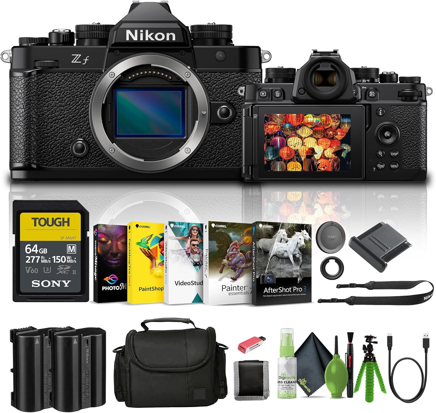 Nikon Zf with 24.5MP Sensor and 4K Video Recording Mirrorless Camera (1761) + 64GB Memory Card + Bag + EN-EL15c Battery + Card Reader + Corel Photo Software + Flex Tripod + Memory Wallet + More