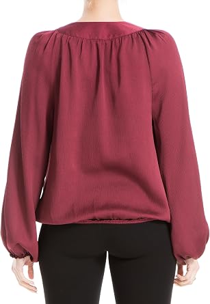 Max Studio Women's Max Studio Women's Matte Satin Balloon Sleeve V Neck Blouse with Knot Details at Neckline