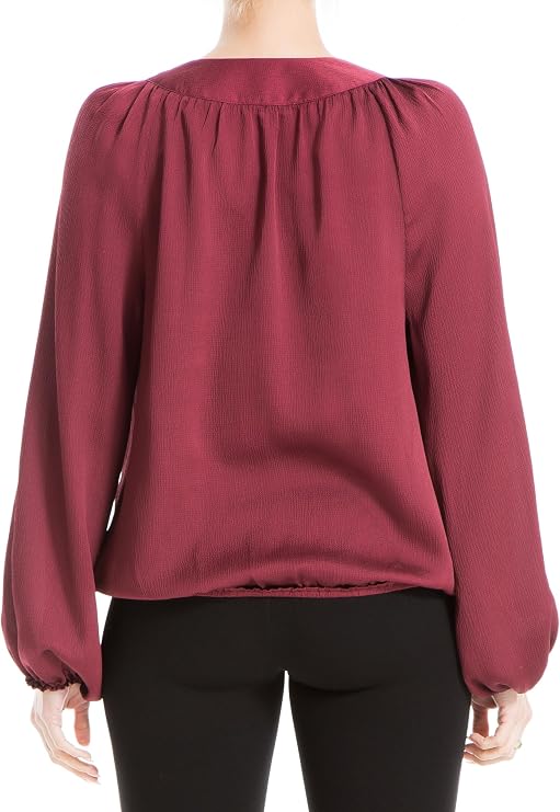 Max Studio Women's Max Studio Women's Matte Satin Balloon Sleeve V Neck Blouse with Knot Details at Neckline