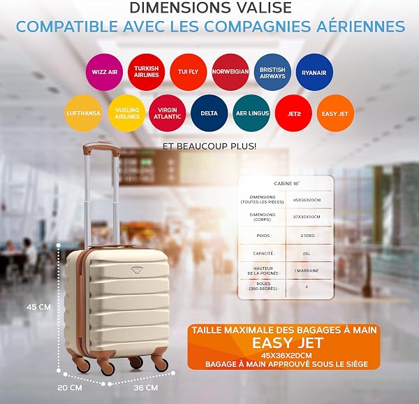 Flight Knight Bagage Cabine Leger a 4 Roues en ABS Rigide Approuve par Plus De 100 Compagnies Aeriennes, Dont Lufthansa, Air France, HOP! Ryanair et easyJet - 45x36x20cm (TSA) Creme/Marron - 3