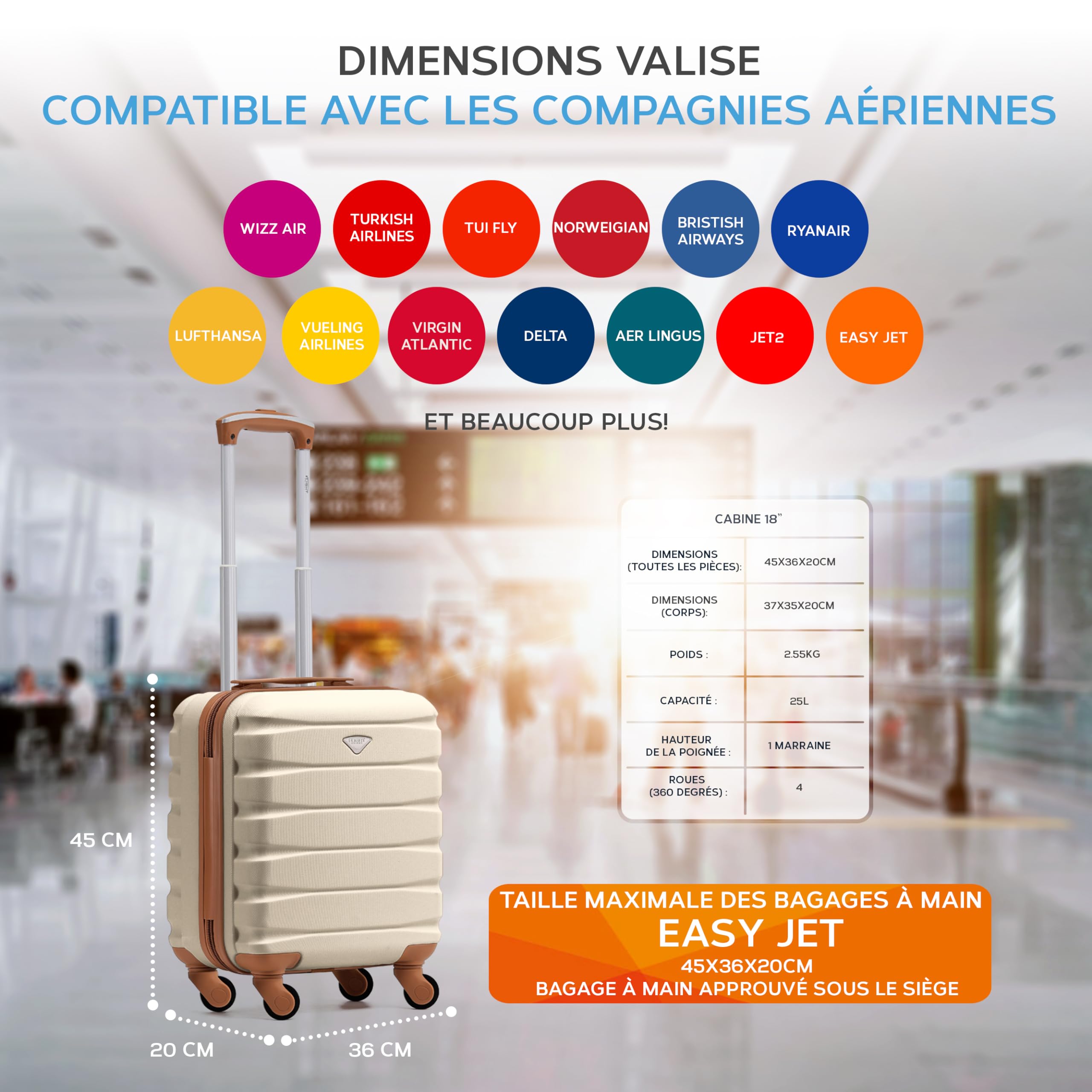 Flight Knight Bagage Cabine Leger a 4 Roues en ABS Rigide Approuve par Plus De 100 Compagnies Aeriennes, Dont Lufthansa, Air France, HOP! Ryanair et easyJet - 45x36x20cm (TSA) Creme/Marron - 3