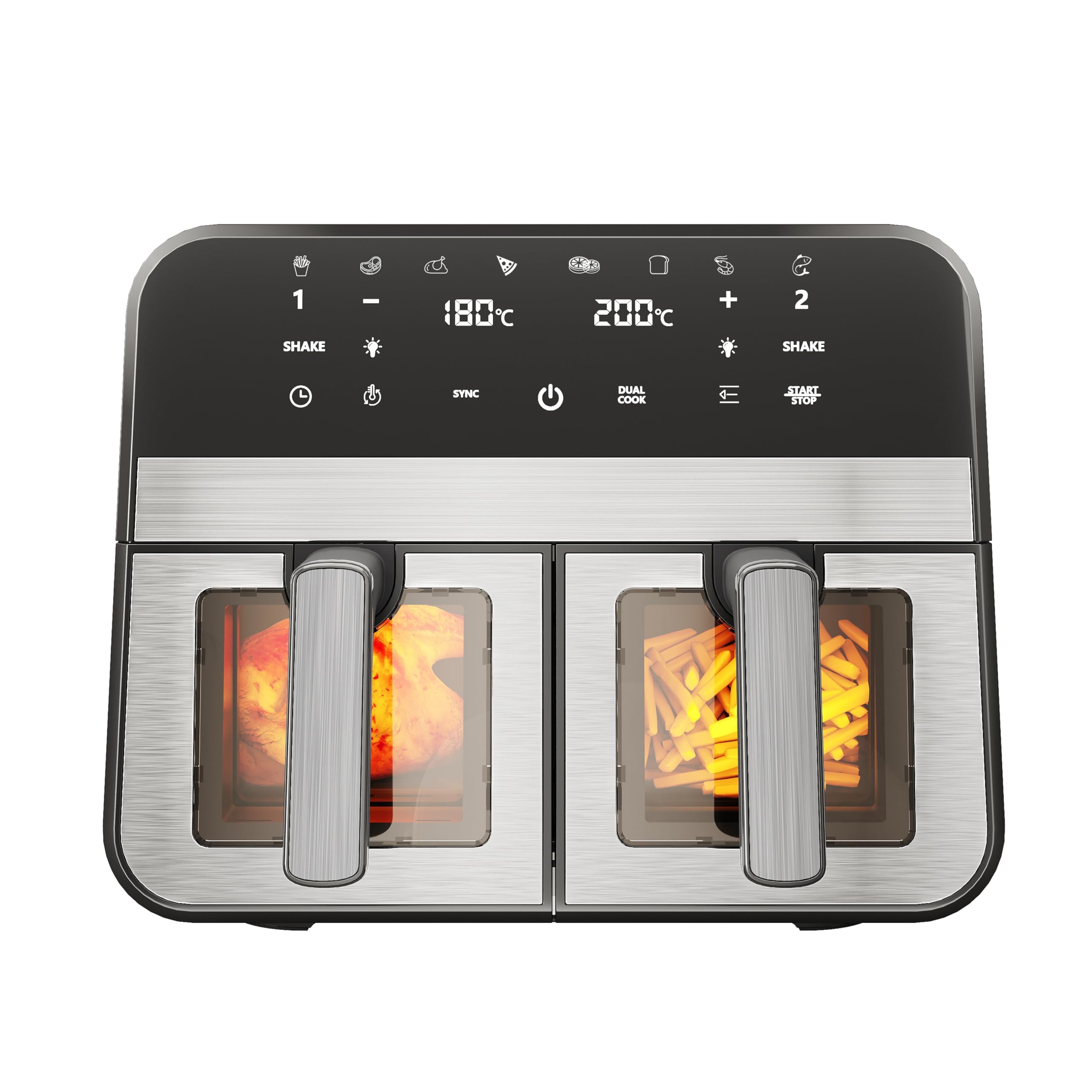 Stanew Air Fryer, Dual Zone with Viewing Window, 9L Oil-Free Fryer, 8 Cooking Programs, Touch Screen, Vibration Alert, Black