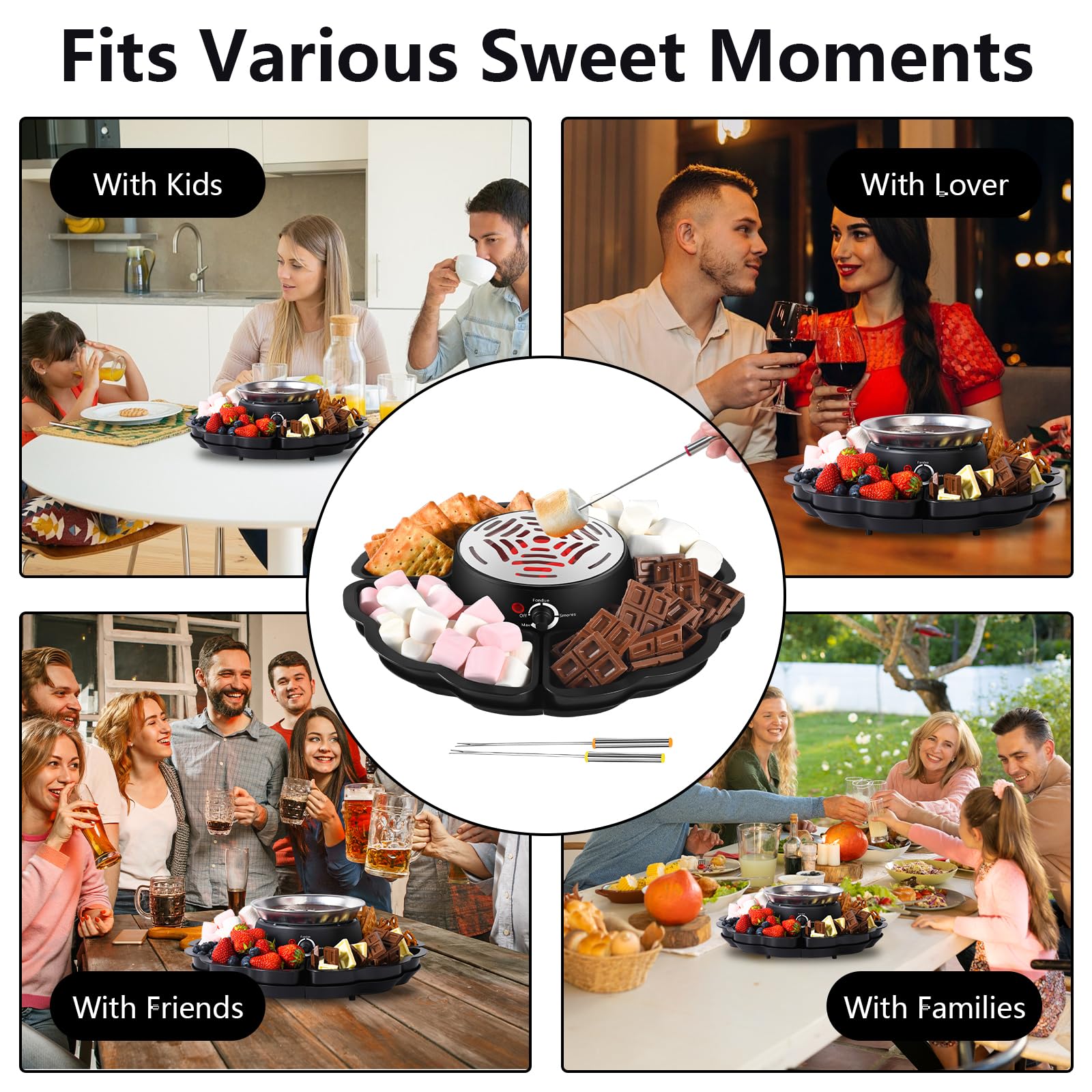 12-teiliges Schokoladenfondue mit Obst- & Kekstablett, 2-in-1 S’Mores- und Schokolade Hot Pot Set, elektrischer Marshmallow-Röster mit Temperaturregelung, perfekt für Partys & Familienfeiern