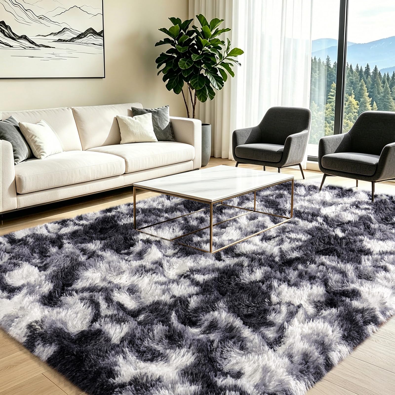Rugs Living Room 160x230cm Soft Shaggy Large Rugs for bedroom Black White