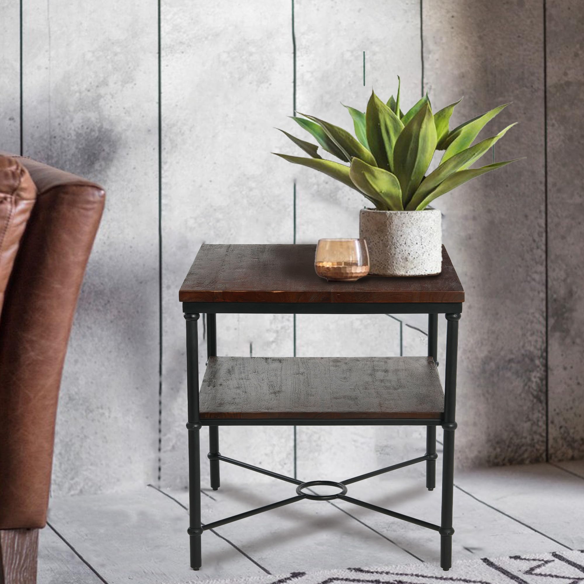 Creative Co-Op Saratoga Rustic Solid Wood and Metal End Table with Storage Shelf, Dark Chestnut Finish