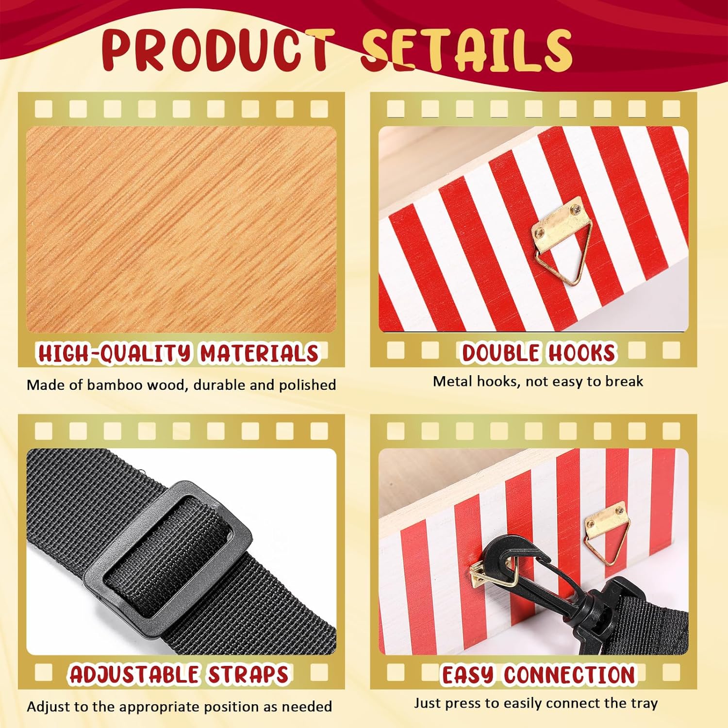 2 Pcs Wooden Snack Trays with Strap 15 x 10 x 2.7 Inch Movie Night Snack Popcorn Usherette Vendor Drink Beverage Carrier for 20's Costume Carnival Valentine's Day (Red and White Stripes)