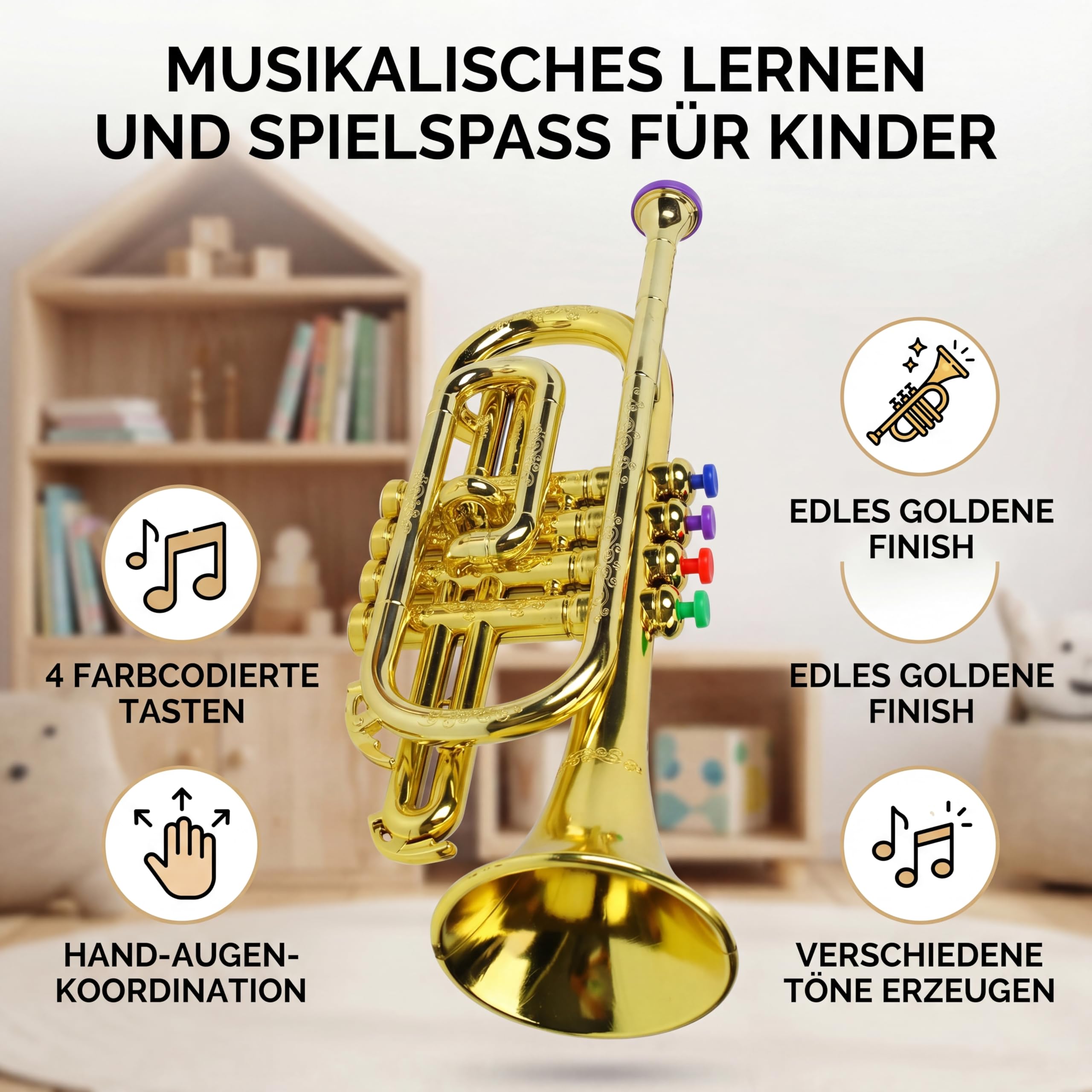Kindertrompetenspielzeug, Pädagogisches Musikinstrument mit 4 Farbigen Tasten für Kinder, Echter Trompetenklang Goldfarben Sicheres Plastikmaterial