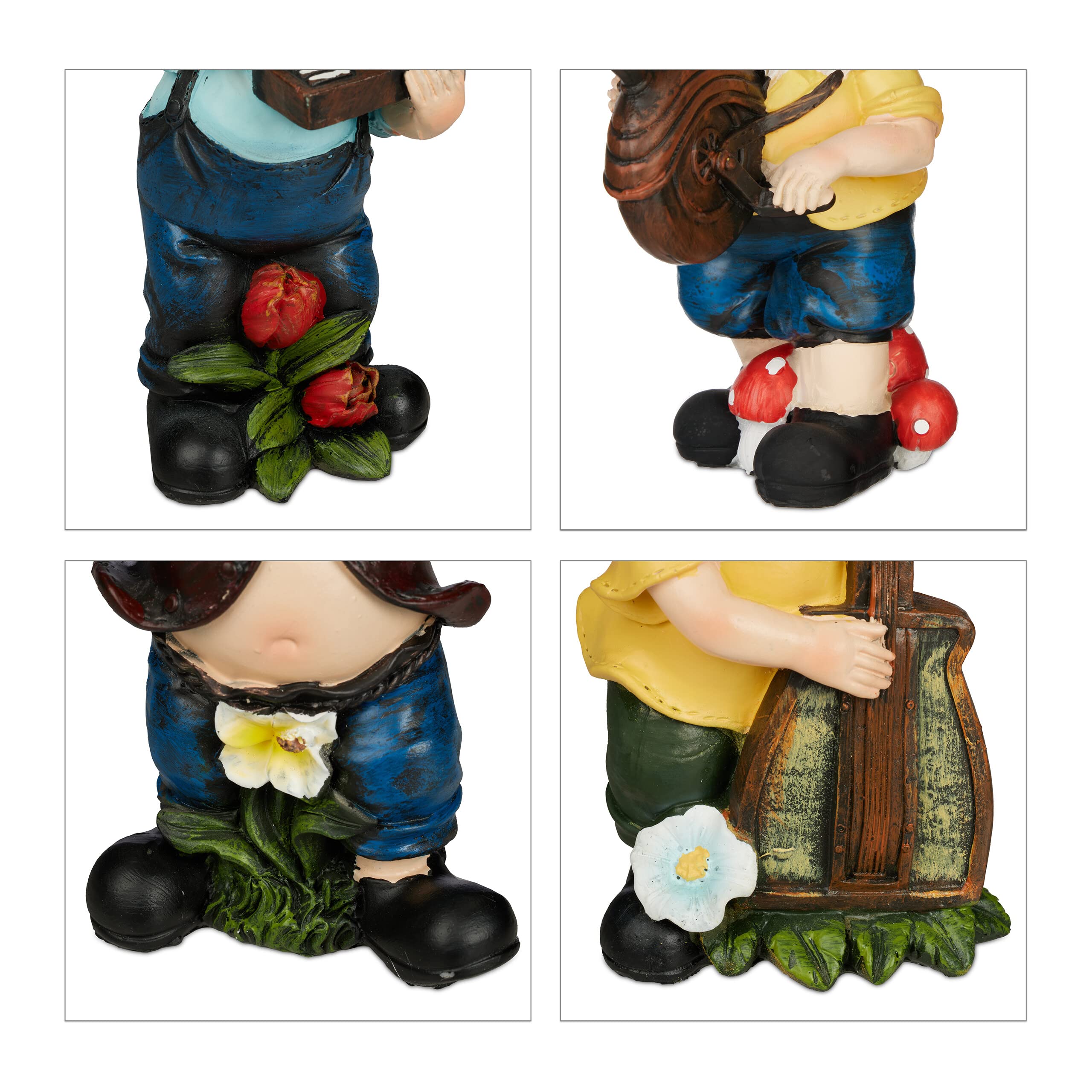 Relaxdays Set da 4 Gnomi da Giardino, Musicisti, Statua Nano, in Poliresina Antigelo e Resistente Intemperie, Colorato