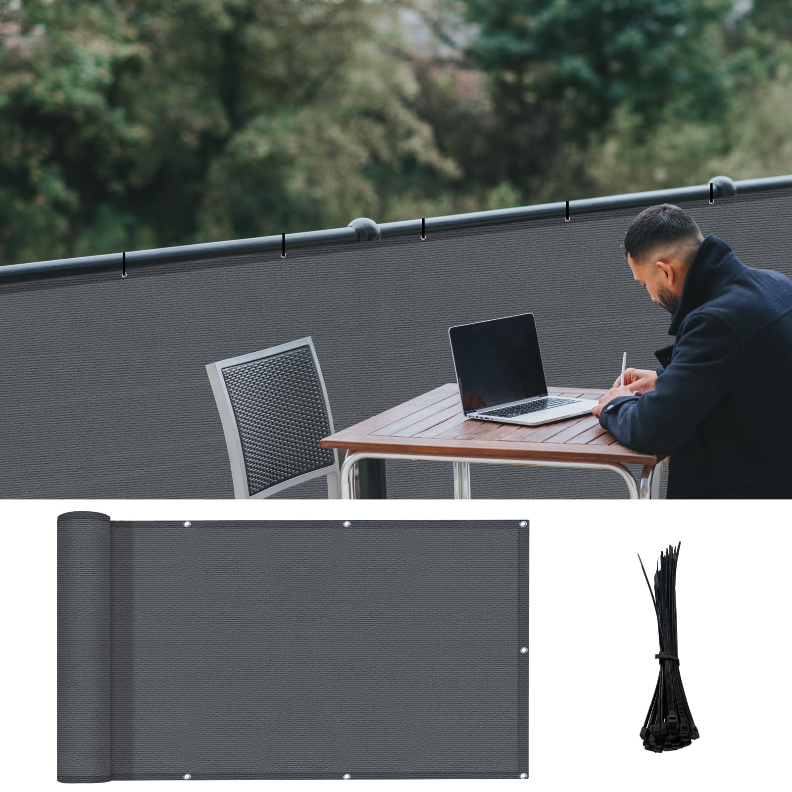 LOVE STORY 3'x16' Charcoal Balcony Screen Privacy Fence Cover UV Protection Weather-Resistant 3 FT Height Heavy Duty for Deck, Patio, Backyard Shield 90%
