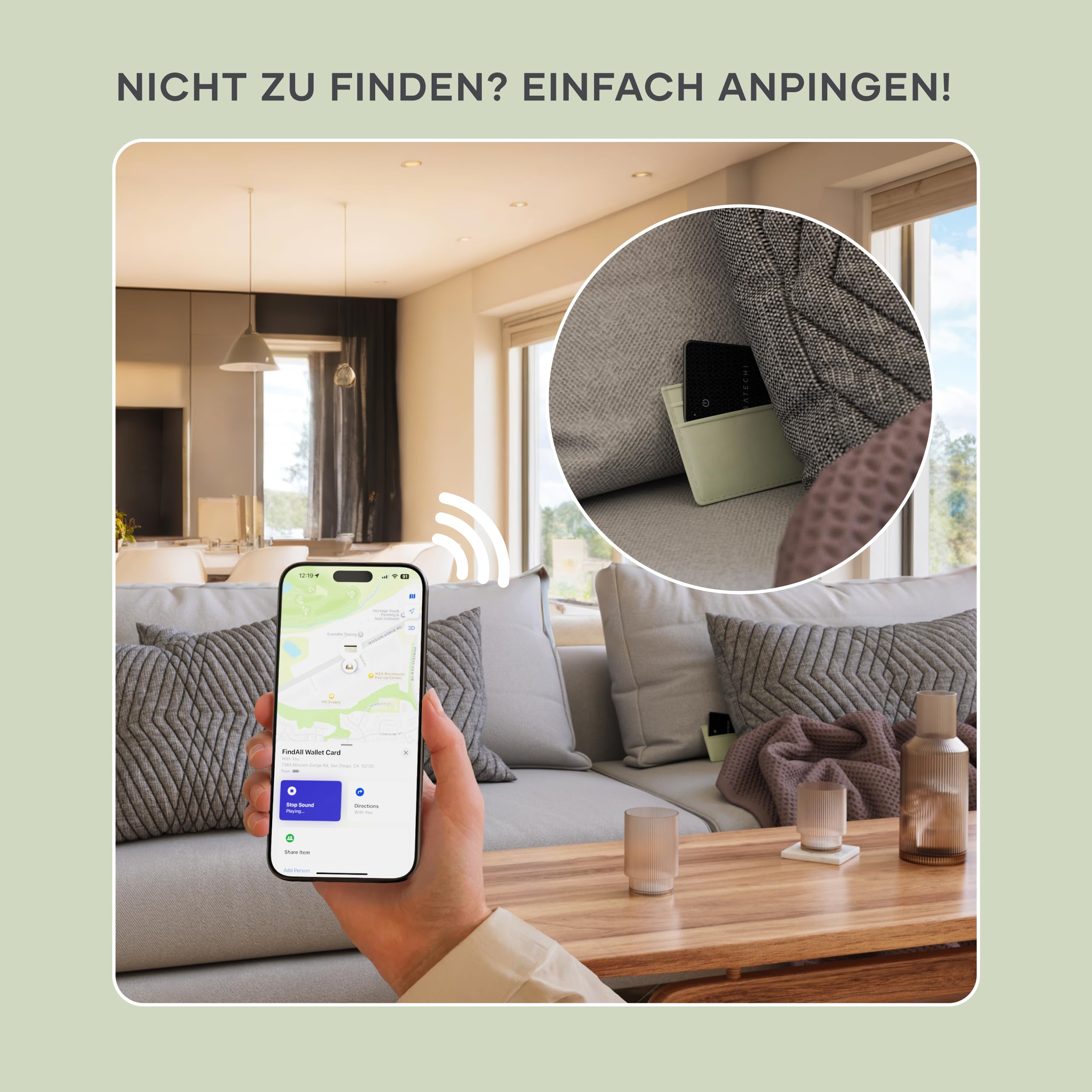 SATECHI FindAll Wallet-Kartenetui mit Find My, Tracker, Ortung, Standortverfolgung – für Geldbörsen mit Trennungsalarm, Tonsignal und kabelloser Aufladung, komp. mit iPhone, iPad & Mac – Schwarz