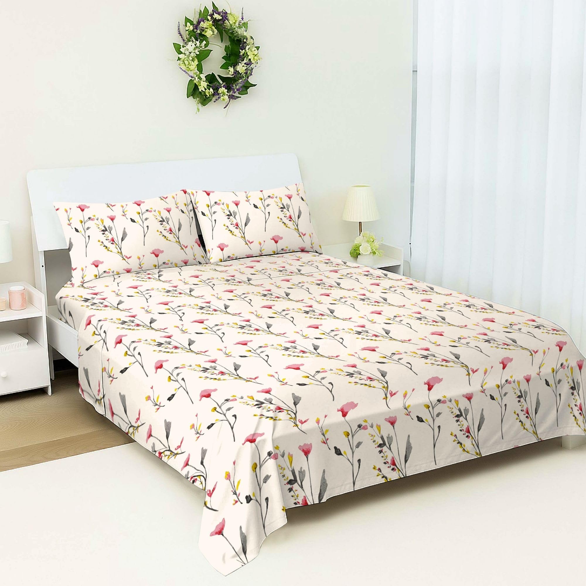 Small Double Flat Sheet 100% Egyptian Cotton - 400TC Floral Print Top Sheet - Cooling Breathable Luxury Bedding - Soft Flower Design Bed Sheet for Small Double 4ft Bed