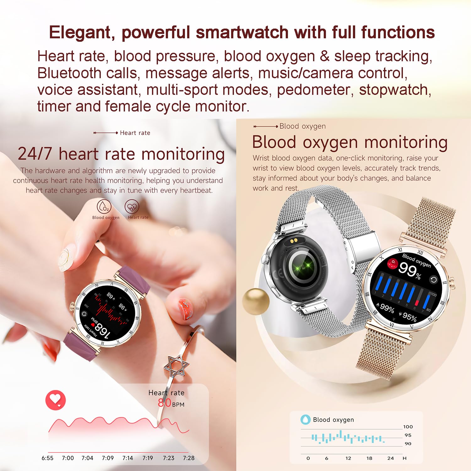 Reloj inteligente para mujer AMOLED de 1,19 pulgadas con función de teléfono, monitor de sueño en el corazón, presión arterial SpO2, modo multideporte, reloj de fitness, resistente al agua, correa de