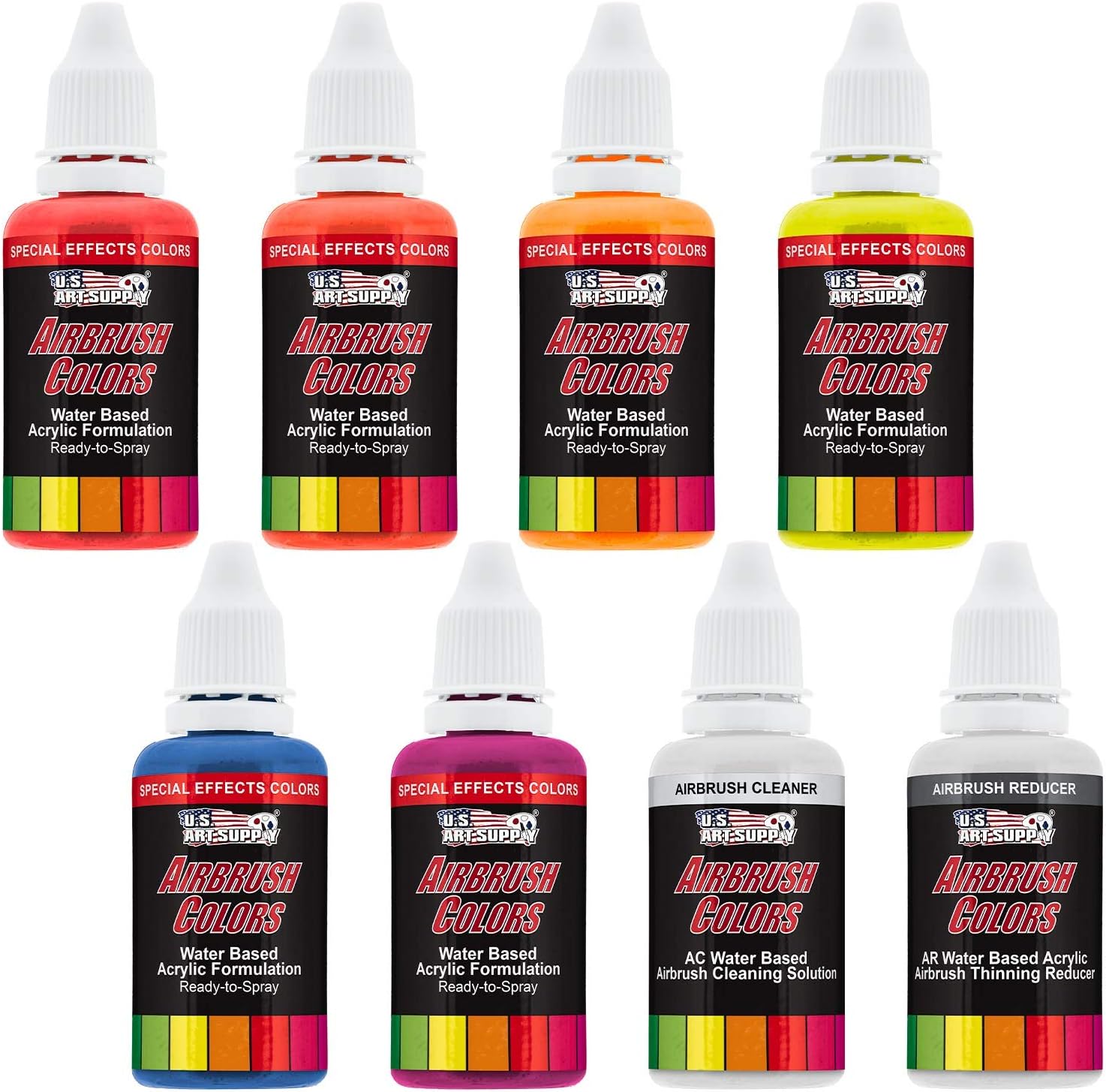 U.S. Art Supply 6 Color Fluorescent Acrylic Neon Colors Airbrush, Leather & Shoe Paint Set with Reducer & Cleaner 1 oz. Bottles