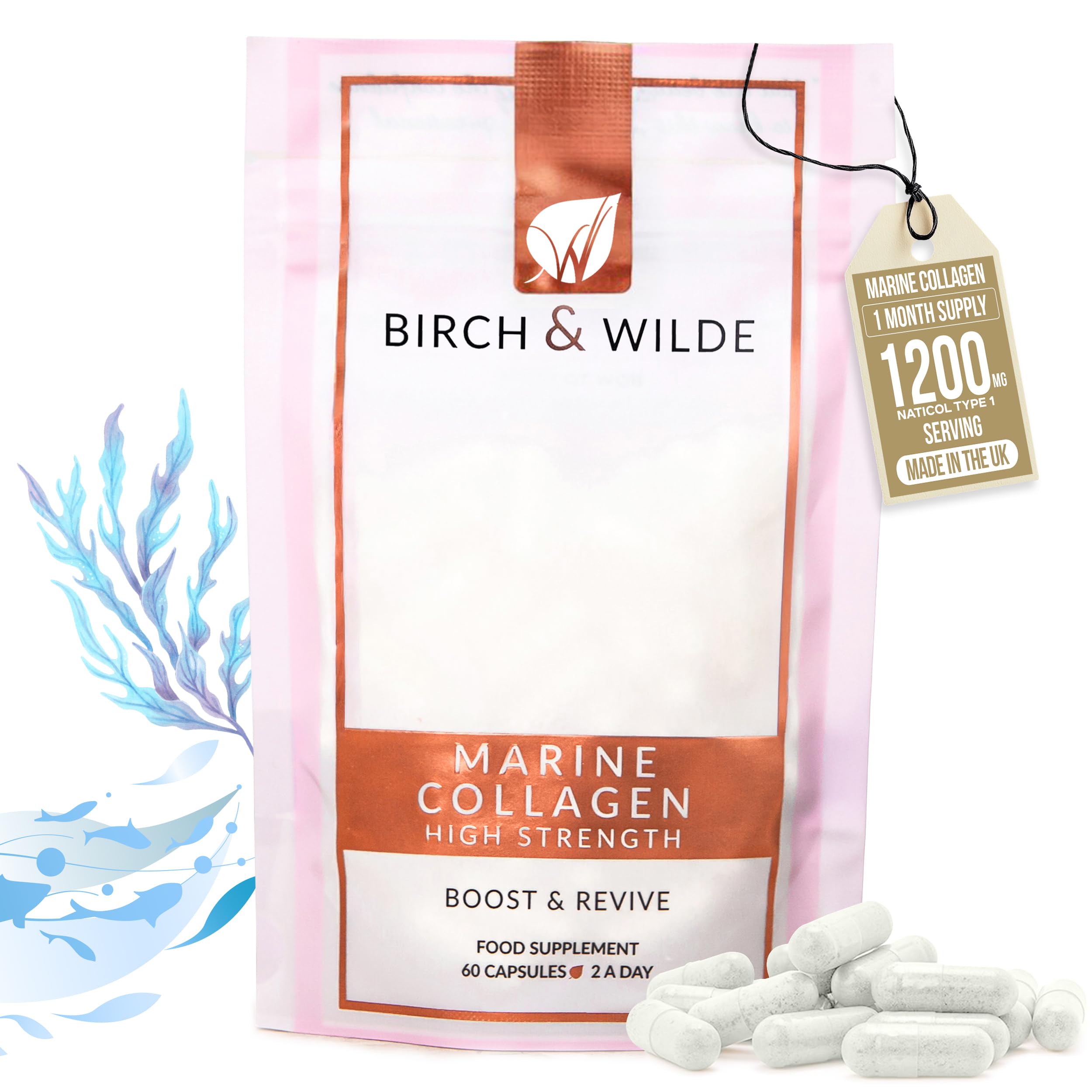 Marine Collagen 1200mg – Hydrolysed Collagen Peptides for Skin, Hair, Nails, Bones & Joints – Glow Support for Women & Men – Halal & Kosher, UK Made – 60 Capsules (1 Month Supply)