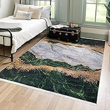 Mazovia Modern Teppich - Kurzflor Waschbar - Weich Teppich für Wohnzimmer, Schlafzimmer, Esszimmer – Teppiche Marmor Abstrakt Muster - Flaschengrün Grün Gold 200 x 300 cm