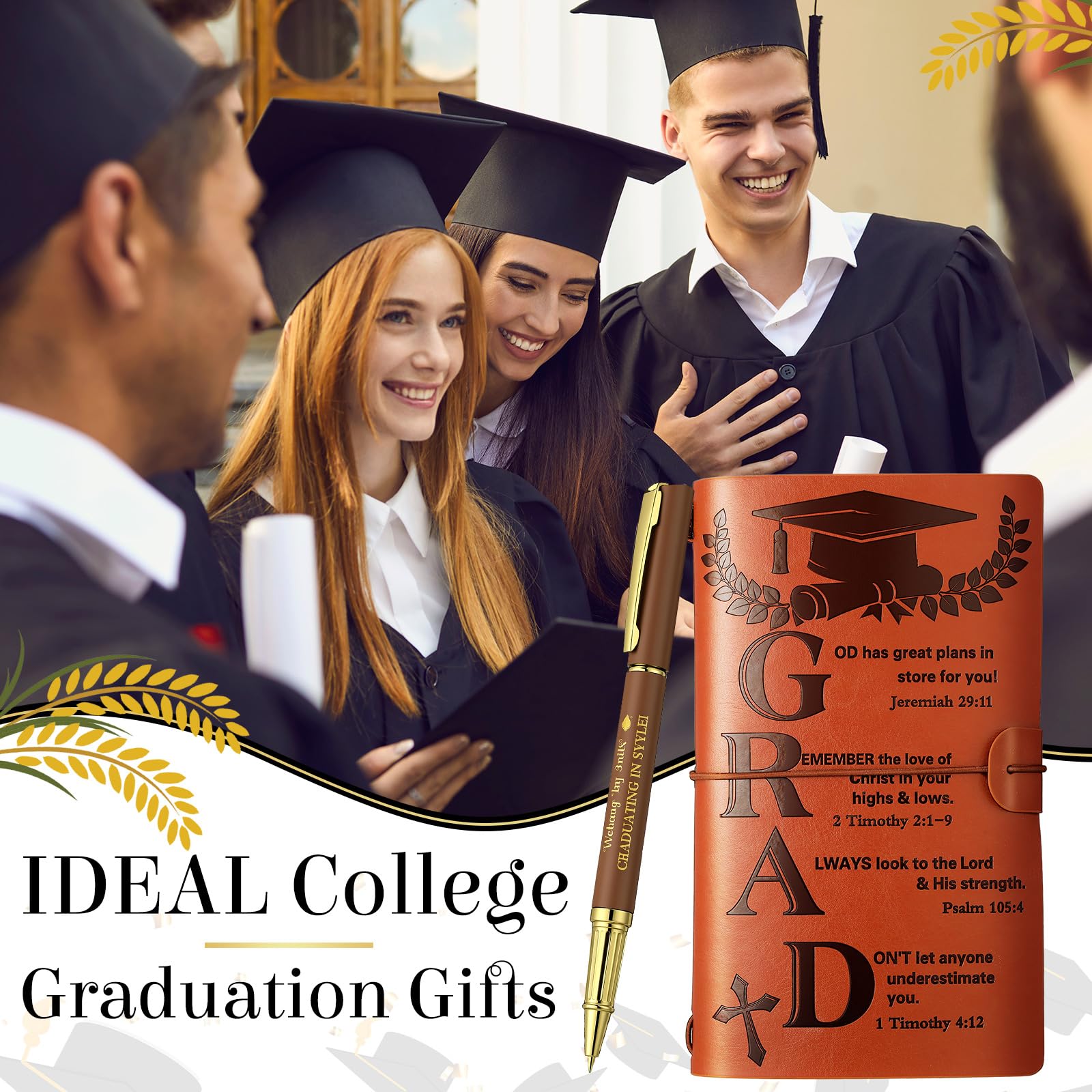 2Pcs Christian Graduation Leather Notebook Pen 120 Pages Bible Verses Inspirational Notebook Graduation Christian Gifts 2026 High School College Congratulations Grad for Women Men(Brown)