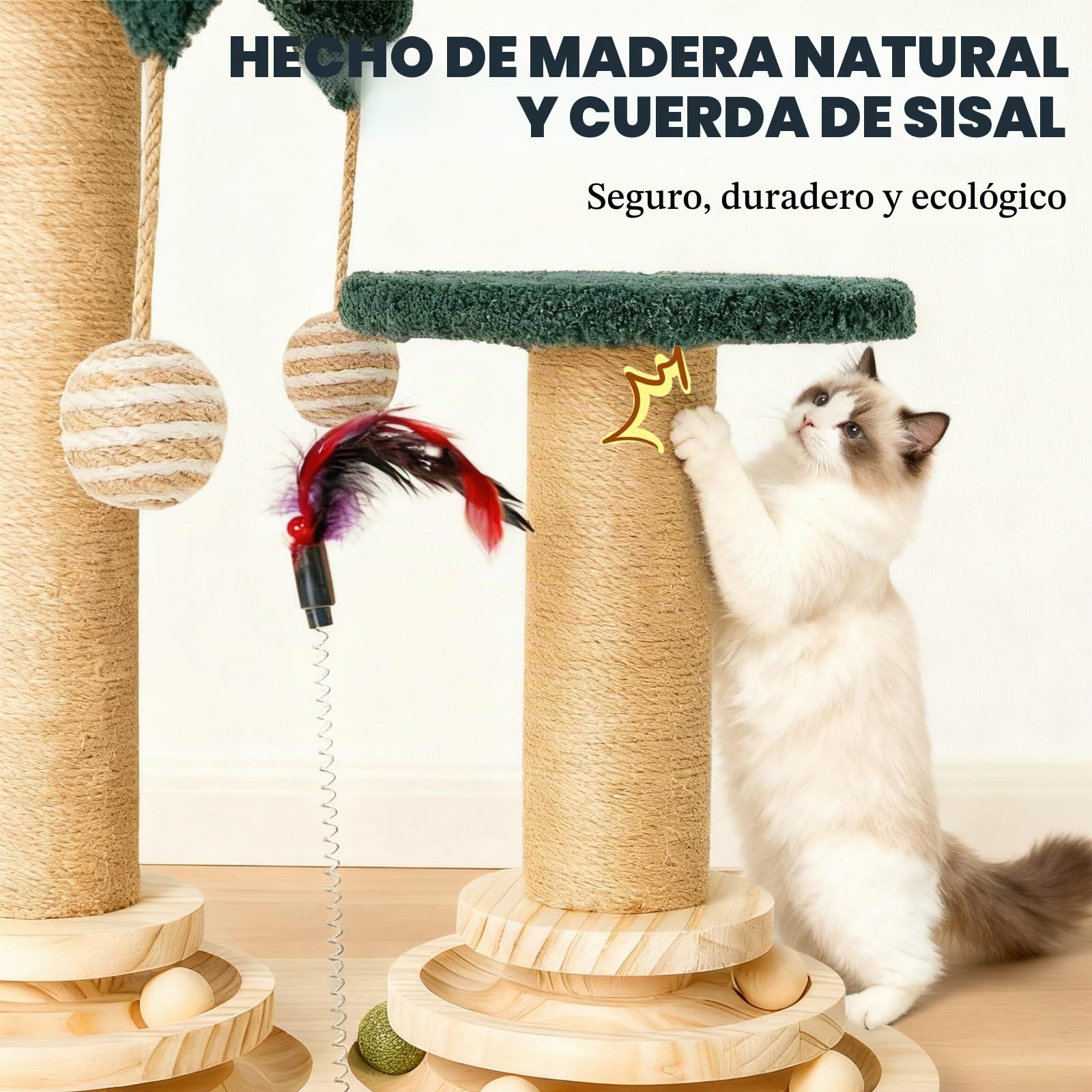 Juguete 6-en-1 para gatos de autoentrenamiento de madera, rascador para gatos, juguete con hierba gatera, muebles para gatos con pista de bolas giratoria, plumas, bolas, cuerdas de yute y cuerda de