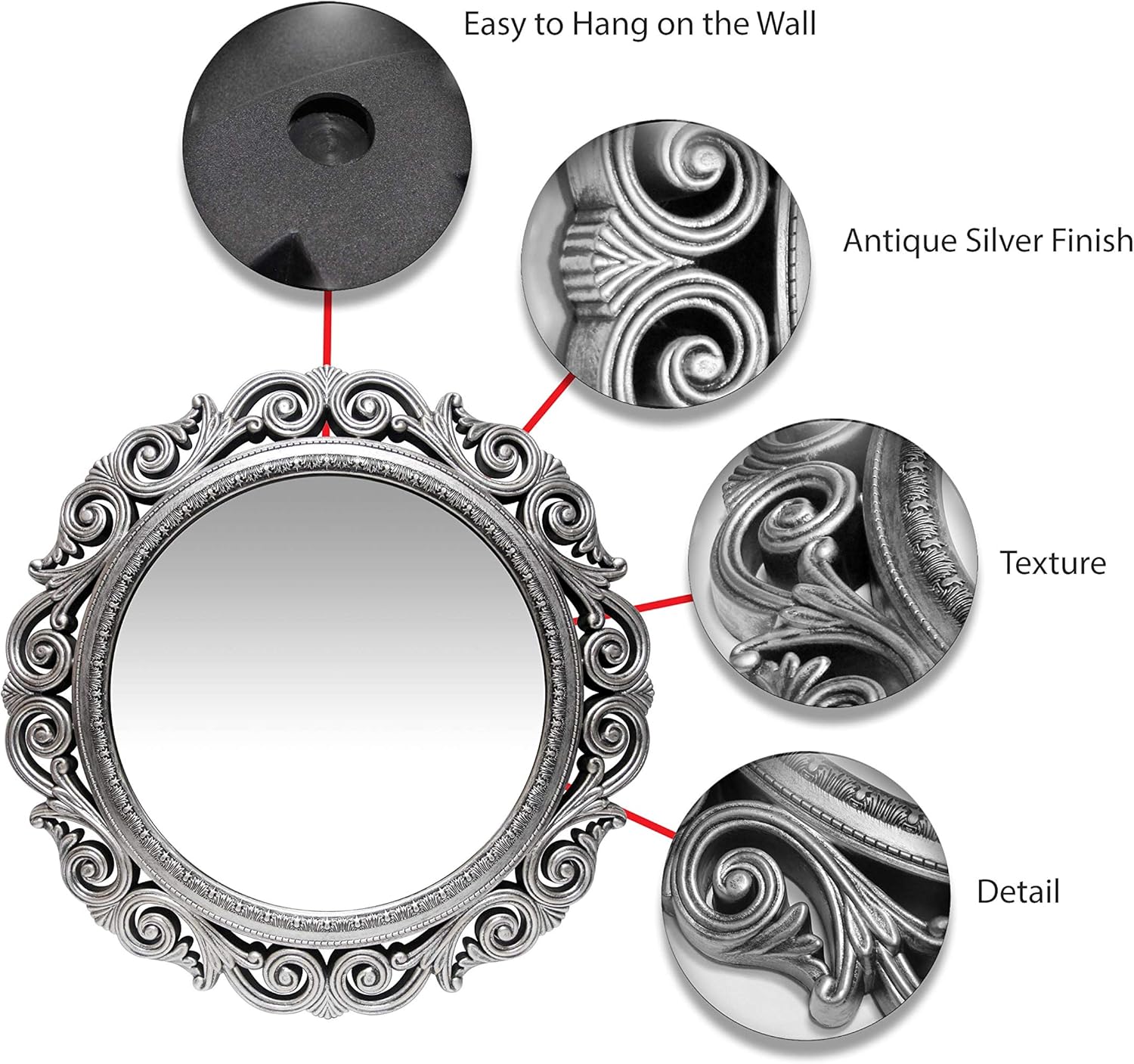 Infinity Instruments Antique Silver Wall Mirror 24 inch Large Round Mirror Living Room Bedroom Circular Mirror Ornamental Round Mirrors for Wall Decor Antique Silver Decorative Mirrors for Bedroom