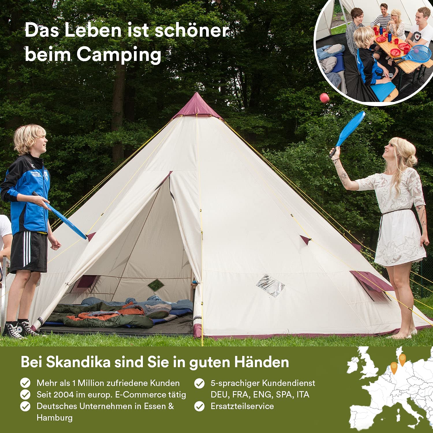 Skandika Tente Tipi Kota 550 | Tente de Camping, Tente pour 12 Personnes, avec/sans Tapis de Sol Cousu, Grande Tente Camping avec moustiquaire, 3 m de Hauteur, mât en Acier