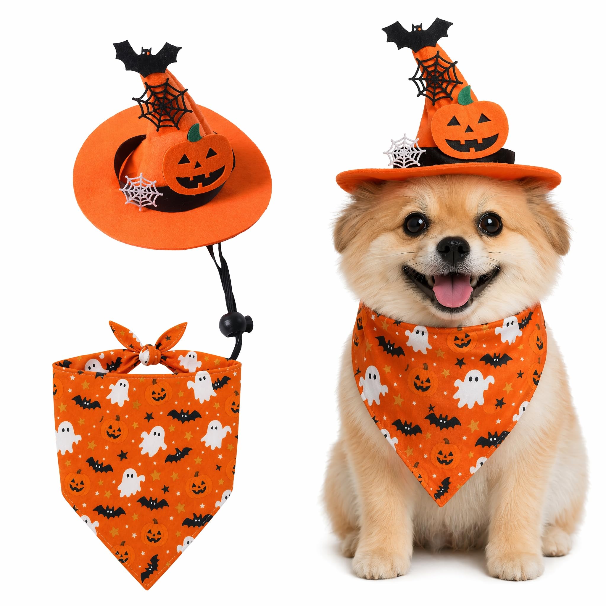Dog Halloween Costume,Adjustable Cute Dogs Hat And Triangle Neckerchief Costumes Set, Cat Clothing & Bandana Accessories, Puppy Scarf For Small Medium And Large Cats Outfit, Kitten Outfits For Pets