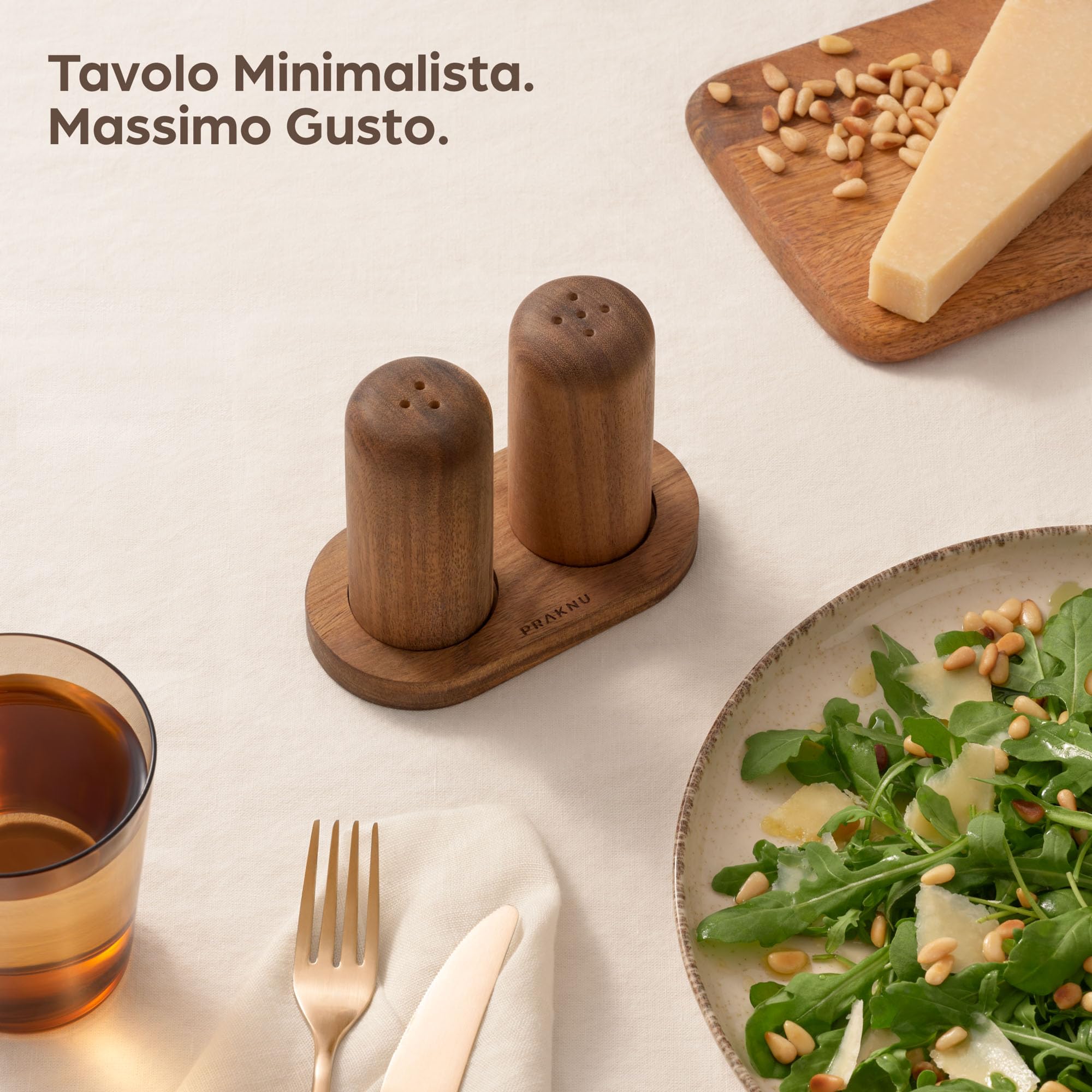 Saliera e pepiera Albert in ceramica con base in legno, spargisale in legno d'ulivo, 4 cm, fatto a mano, saliera e pepe, utensile da cucina