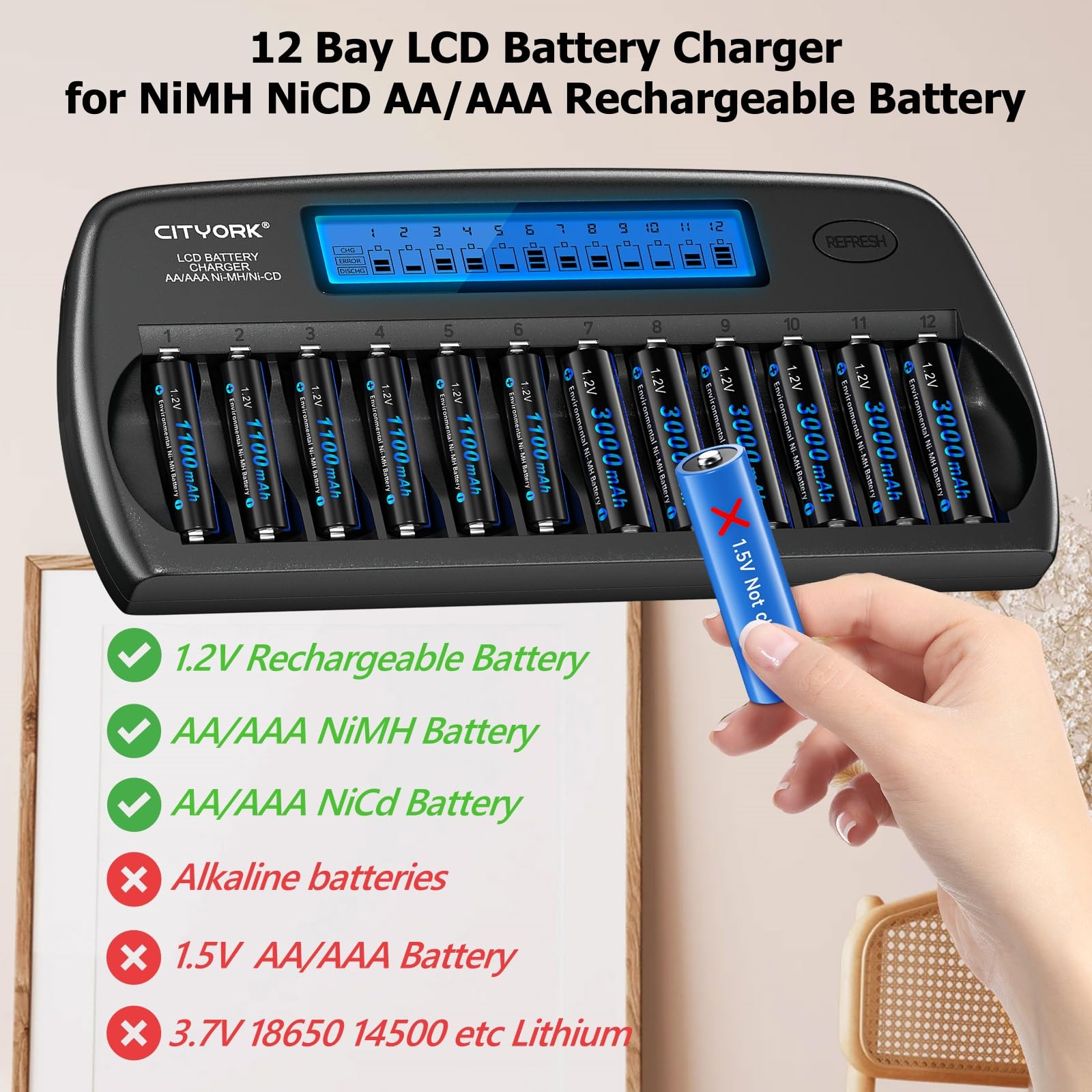 CITYORK Caricabatterie per Pile Ricaricabili AA e AAA, 12 Slot Caricabatterie per batterie AA/AAA Ni-MH/Ni-CD con display LCD intelligente e scarica, protezione IC e alimentatore di rete integrati