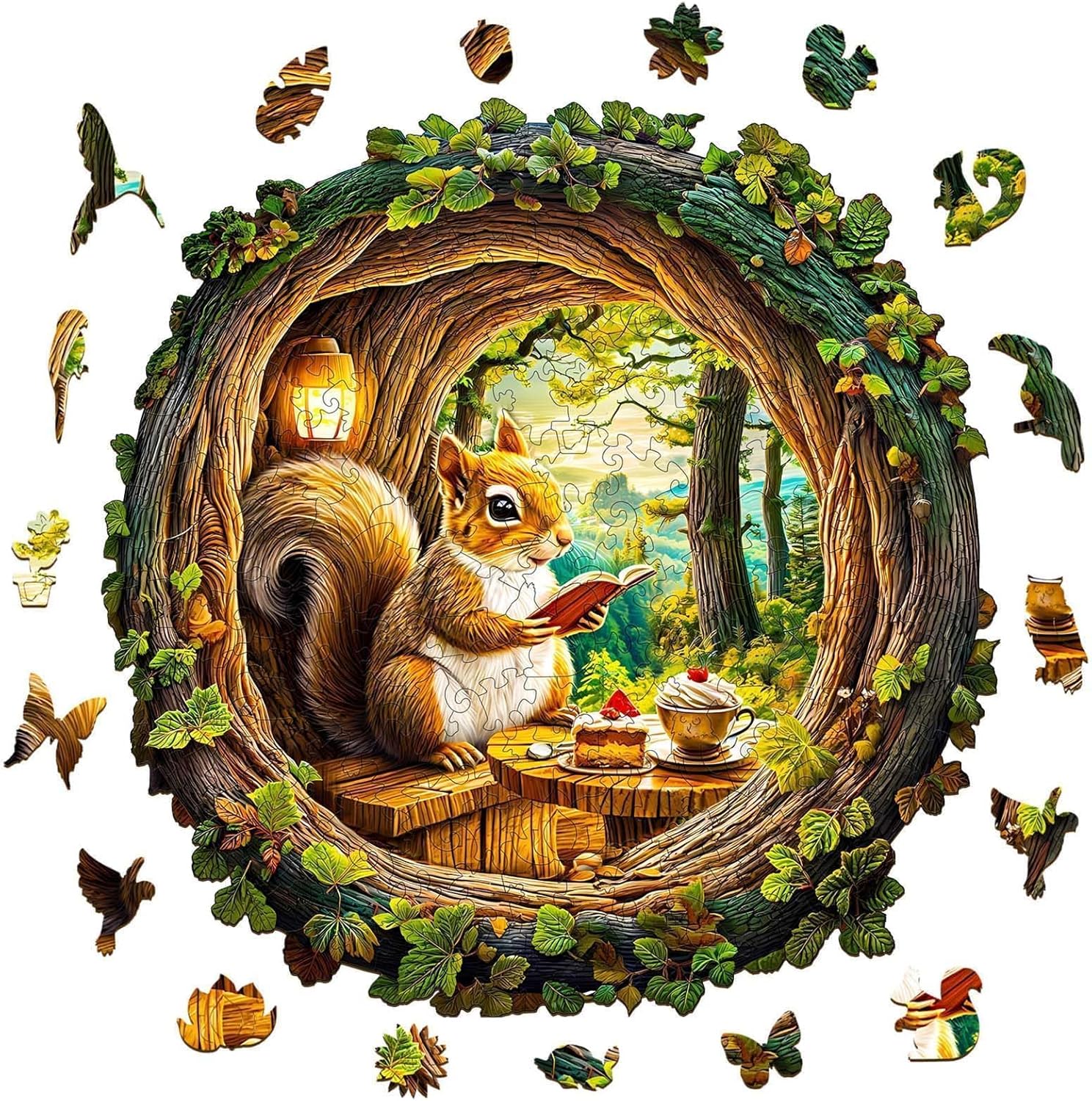 Wooden Puzzles for Adults - Squirrel in the Cave, Flat Jigsaw Puzzle with 3D Visual Effect, Unique Shape Wood Puzzles Adult, Good Gift Idea for Friend and Family (M-11.4 * 11.2in -200 Pieces)