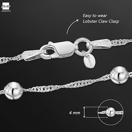 Miniatura 5 de Amberta Pulsera de plata de ley 925 1.4 Singapur con cuentas de bola de 0.157 in, 7 pulgadas, 7.5 pulgadas