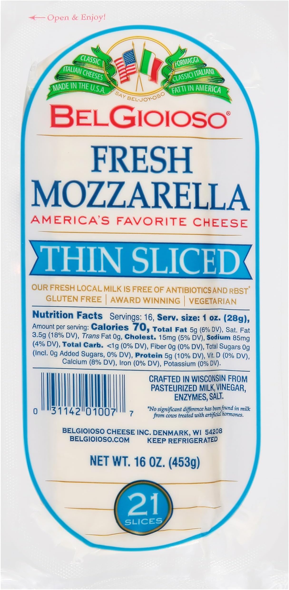 Belgioioso, Thin Sliced Mozzarella Cheese, 16 Ounce