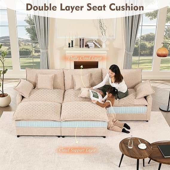274 cm U-Shaped Sofa, Chenille Deep Seat Sofa Bed, Flat White
