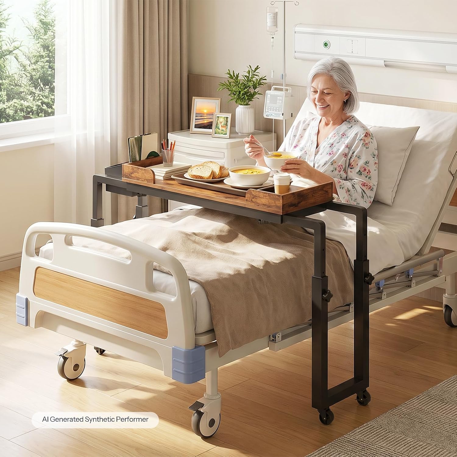 HOOBRO Overbed Table with Wheels, Height & Length Adjustable Rolling Table