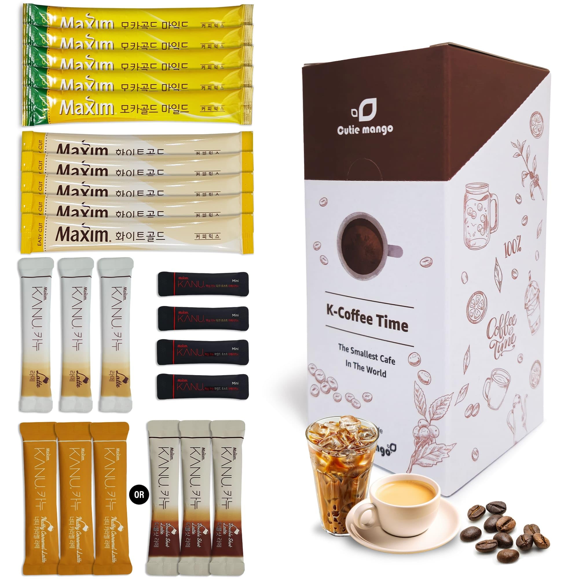 CUTIE MANGOMaxim & KANU Premium Korean Instant Coffee Sampler White, Mocha Gold, Americano, Latte Café-Style Camping Party Easy-to-Mix Single Serve Packets Variety Pack 20 Sticks (6 Flavors)