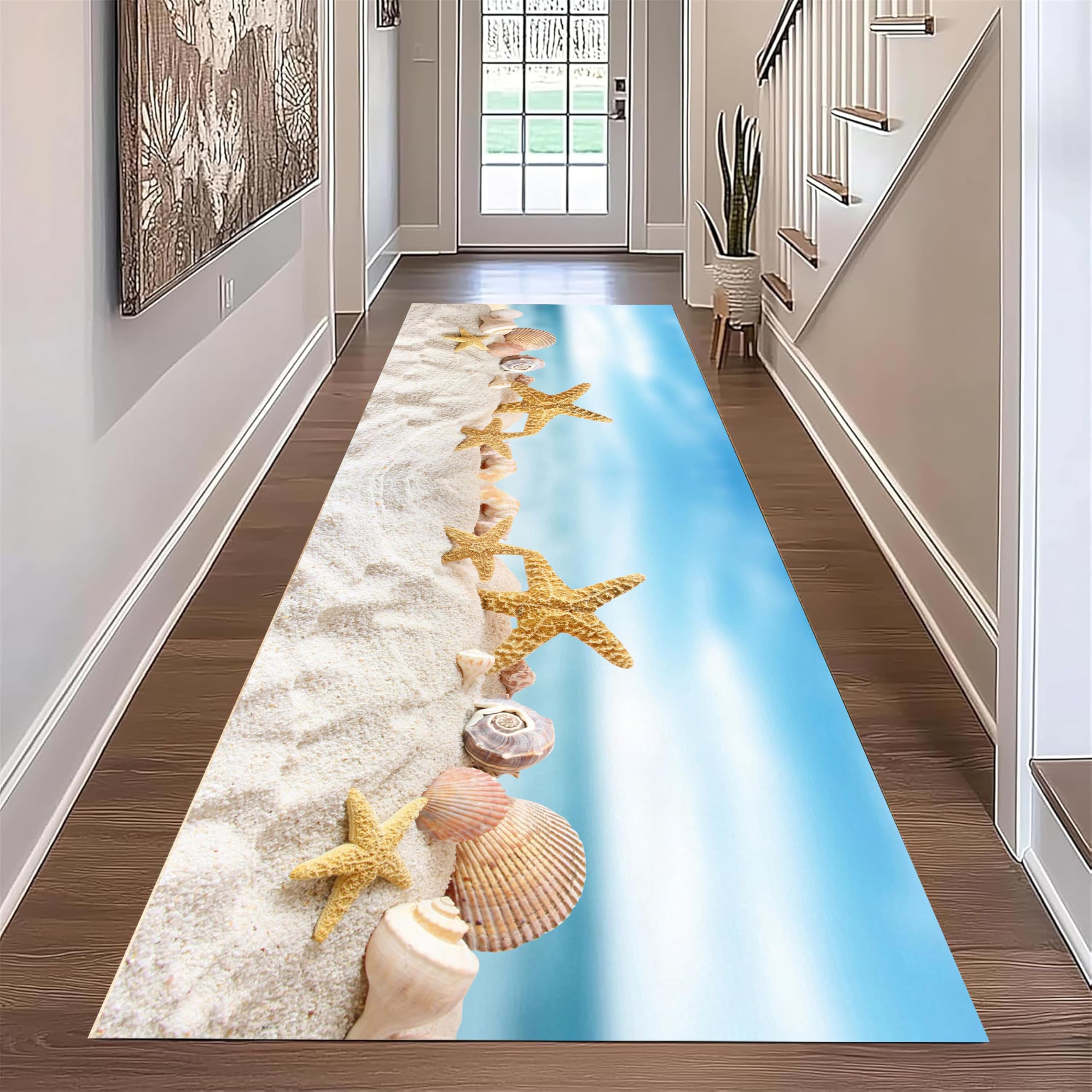 ZCLRUG Beach Ocean Runner Rug, 40 x 120 cm Coastal Starfish Seashell Sandy Nautical theme Washable Rugs, Low Pile Non-shedding Natural Beach Style blue white Floor mat for Hallway Living Room Carpet
