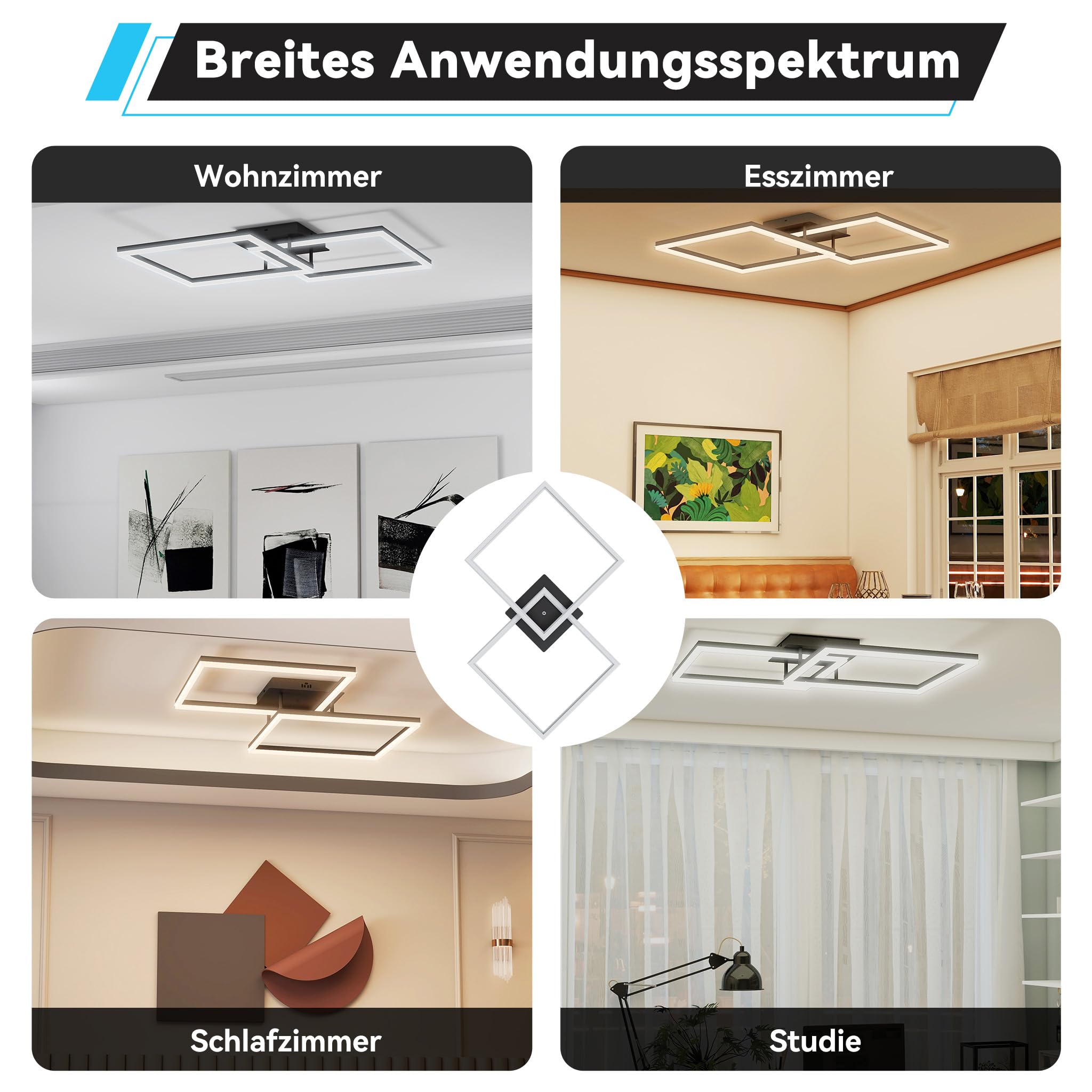 Froadp Nowoczesna lampa sufitowa LED, ściemniana, 60 W, czarna, 40 cm, kwadratowa lampa sufitowa z pilotem zdalnego sterowania, 2800-6500 K, IP44, energooszczędna, do sypialni, kuchni, biura