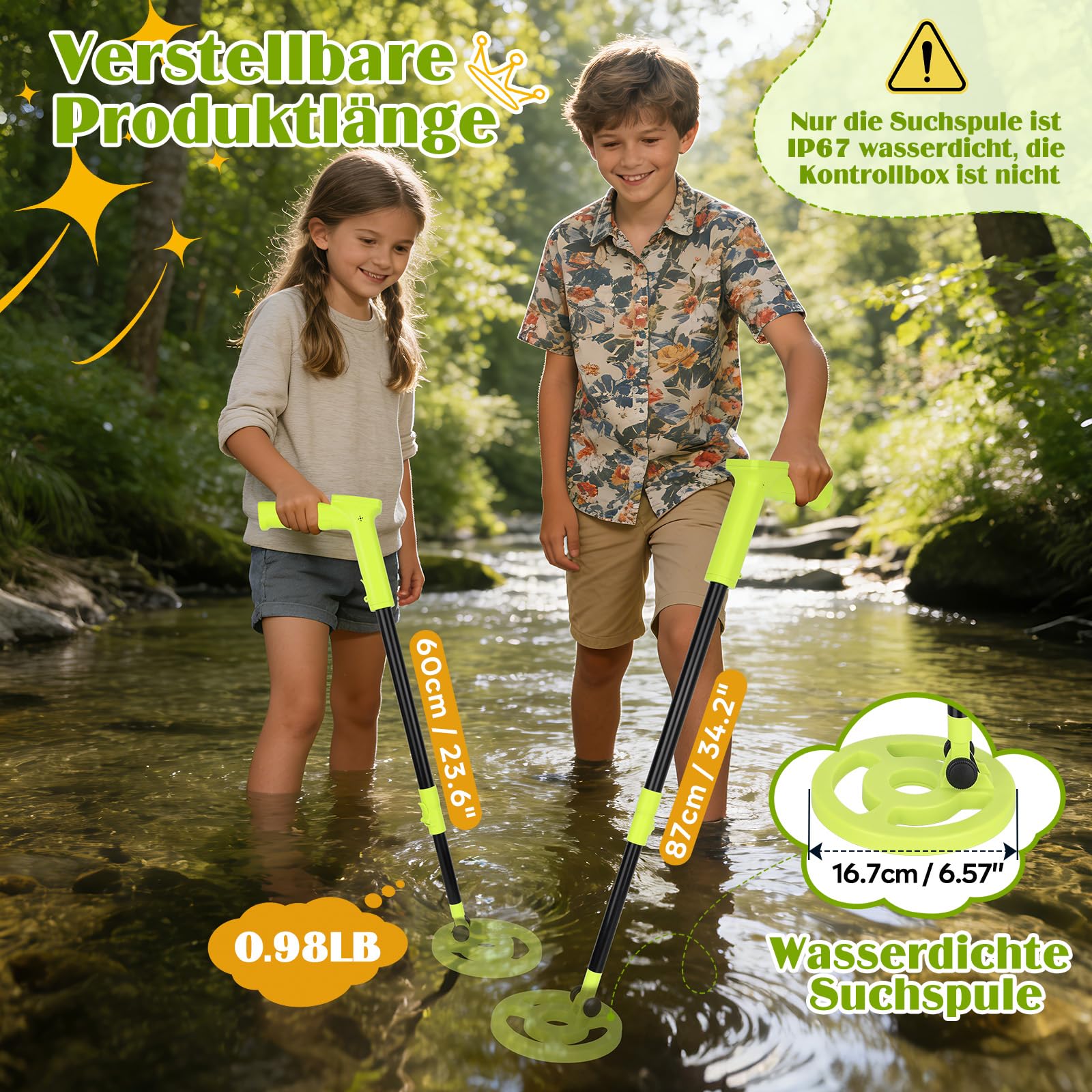 Metalldetektor Kinder, Canvage Verstellbarer 61-89cm Kinder Metal Detector– mit USB-C Aufladbar und LCD Display, Outdoor Set Für Jungen und Mädchen Schatzsuche am Strand, Garten oder Park – Grün