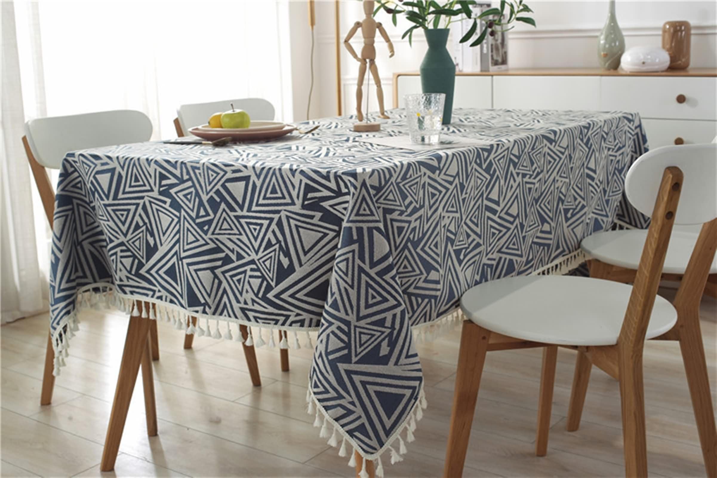 Mantel Rectangular Azul Marino Terraza, Patrón de Triángulo con Borlas, de Poliéster Fácil de Limpiar, 120 x 160 cm, Mantel para Mesa de Centro