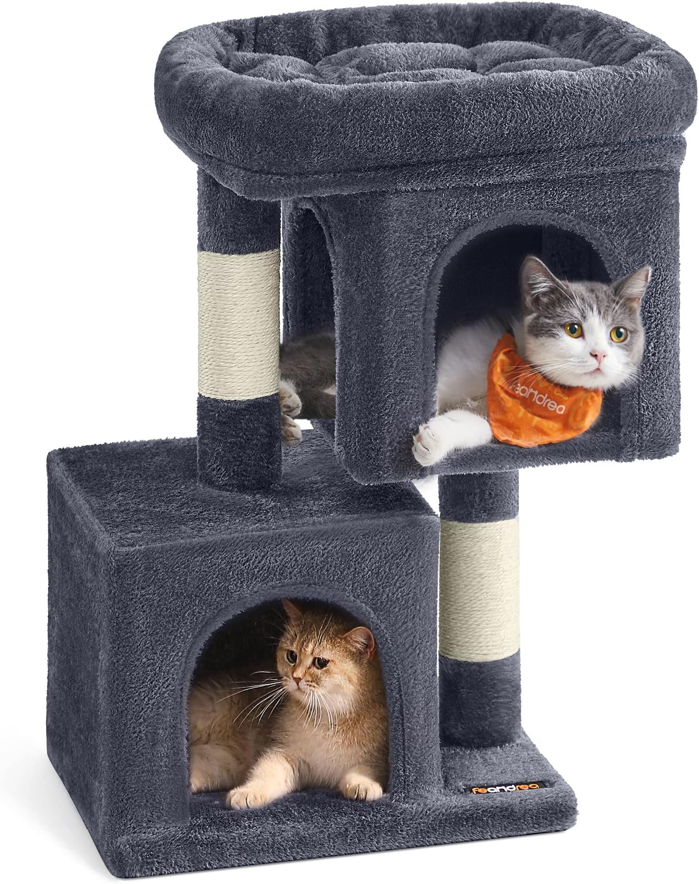 Feandrea Cat Tree, 26.4-Inch Cat Tower, Plush Condo for Kittens up to 7 lb, Large Perch, 2 Caves, Scratching Post, Smoky Gray UPCT611G01