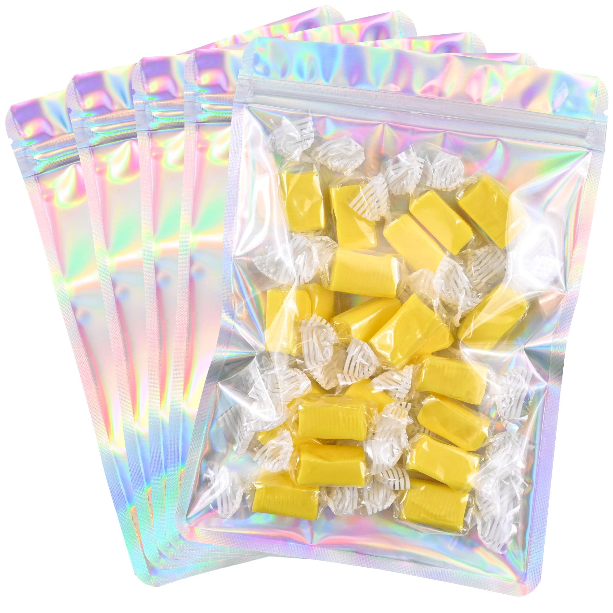 Millefiore Resealable Mylar Pouch Bag Great for Office Home Party Favor Food Storage (100PCS, Holographic Color, 5.5 x 8 inch)