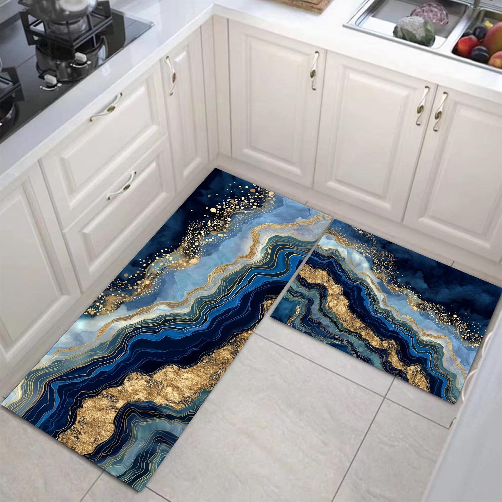 Juego de alfombras de cocina de 44x75 y 44x120cm, alfombrillas de mármol azul para el día a día